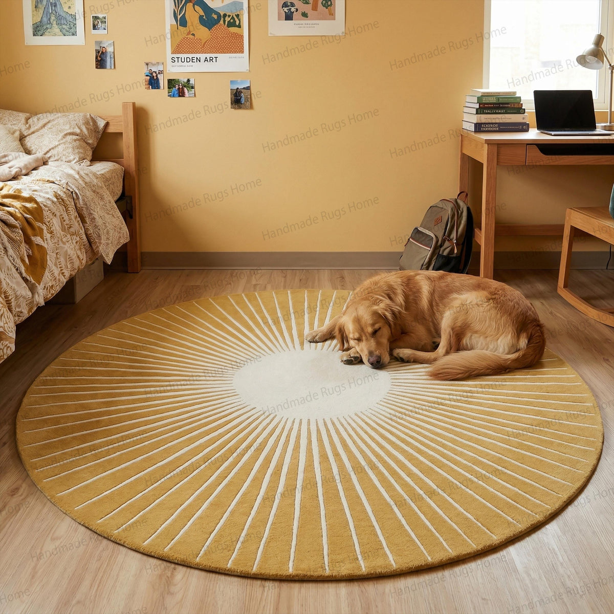 Hand Tufted Wool Sunburst Rug, Round Blue Ivory Transitional Area Carpet
