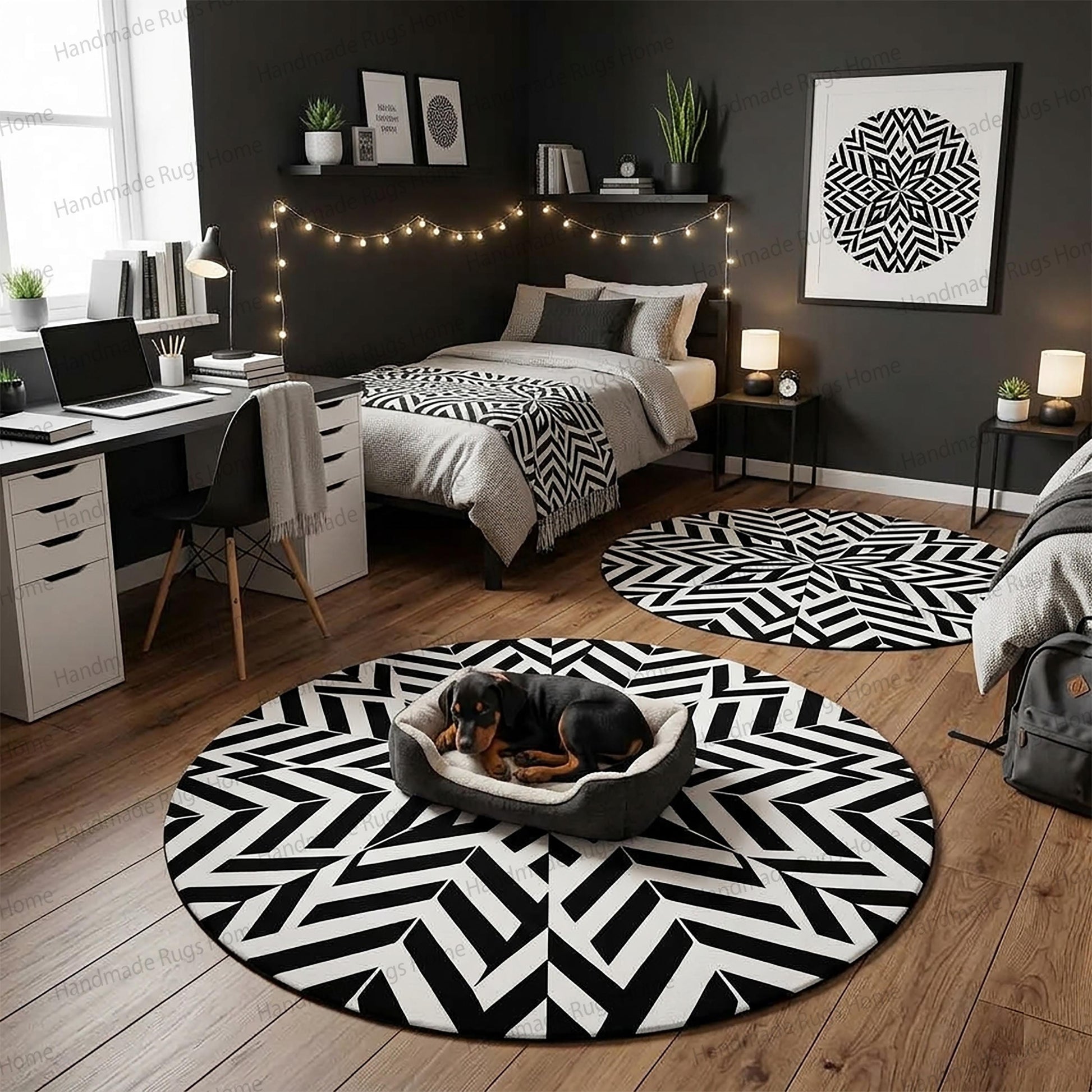 Minimalist art deco style round rug for home office.