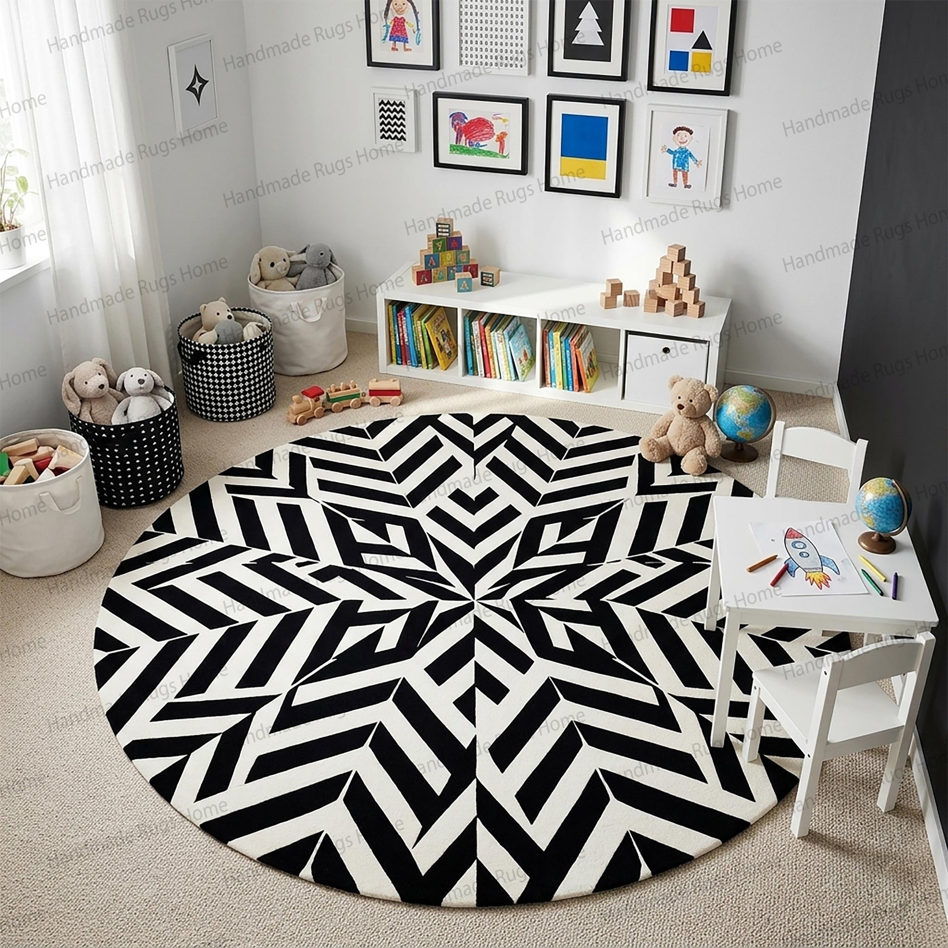 Contemporary starburst motif floor covering in monochrome.