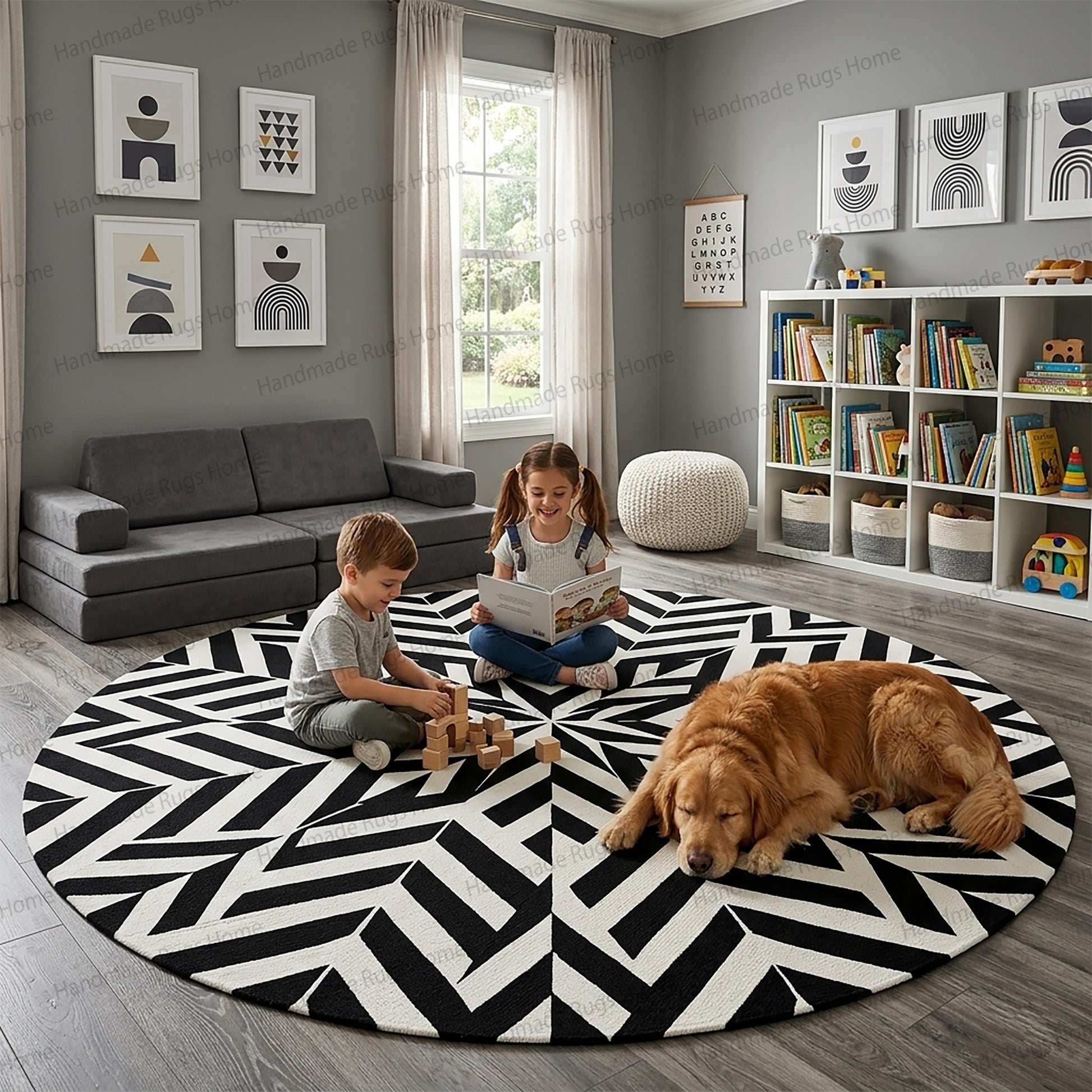 High-end New Zealand wool round rug for king bedroom.