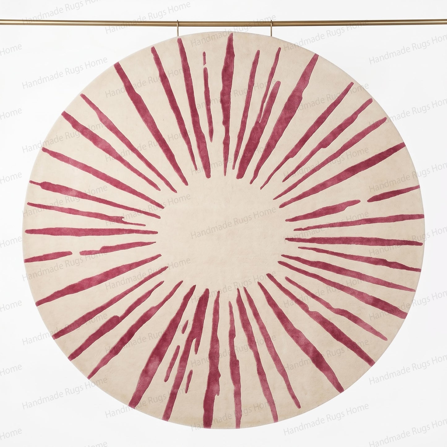 Symmetrical sun ray graphic art rug,

Bohemian chic decorative circular mat,

Trendy colorful apartment interior furnishing,

Soft plush underfoot bedroom accessory,

Unique custom designed magenta floor art