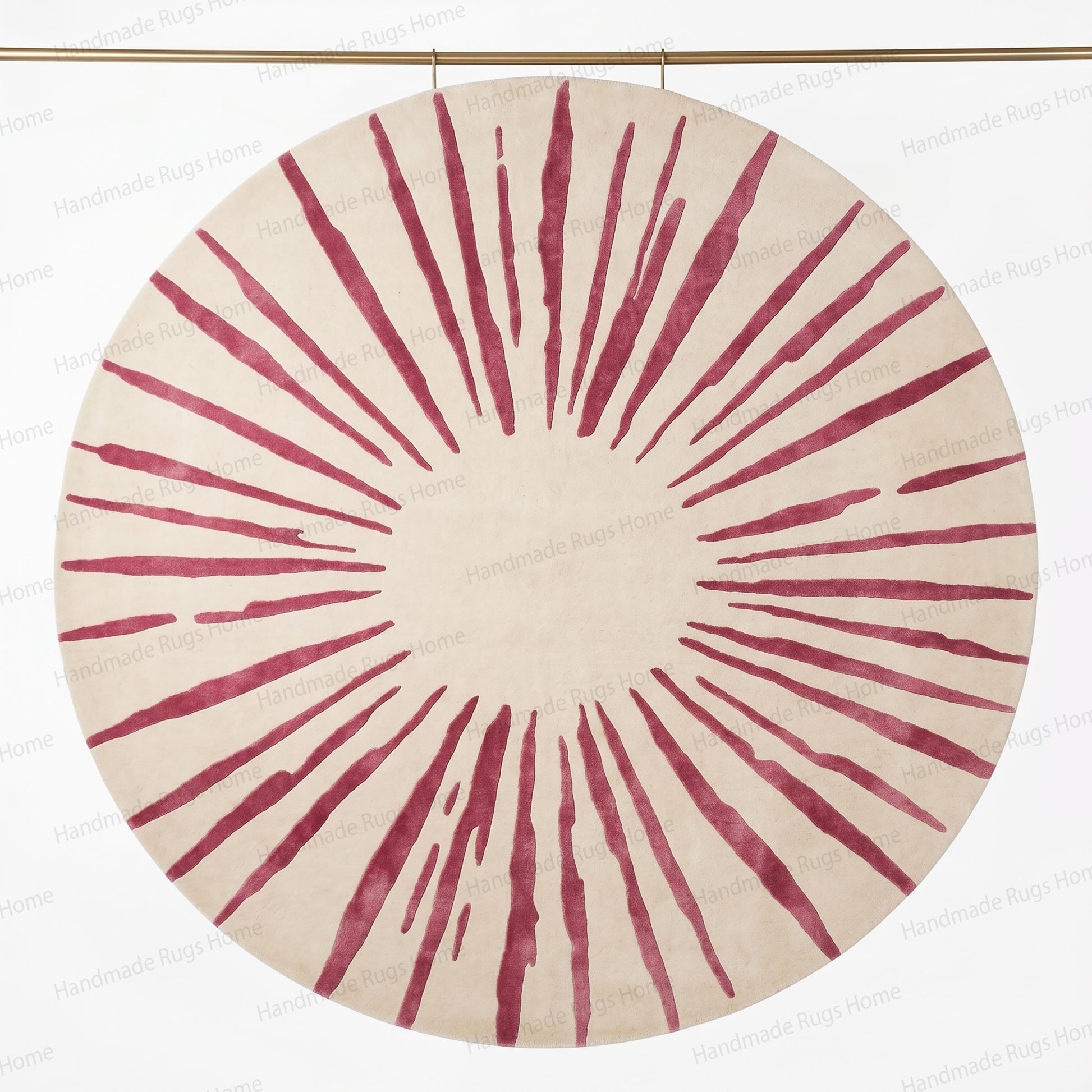 Symmetrical sun ray graphic art rug,

Bohemian chic decorative circular mat,

Trendy colorful apartment interior furnishing,

Soft plush underfoot bedroom accessory,

Unique custom designed magenta floor art