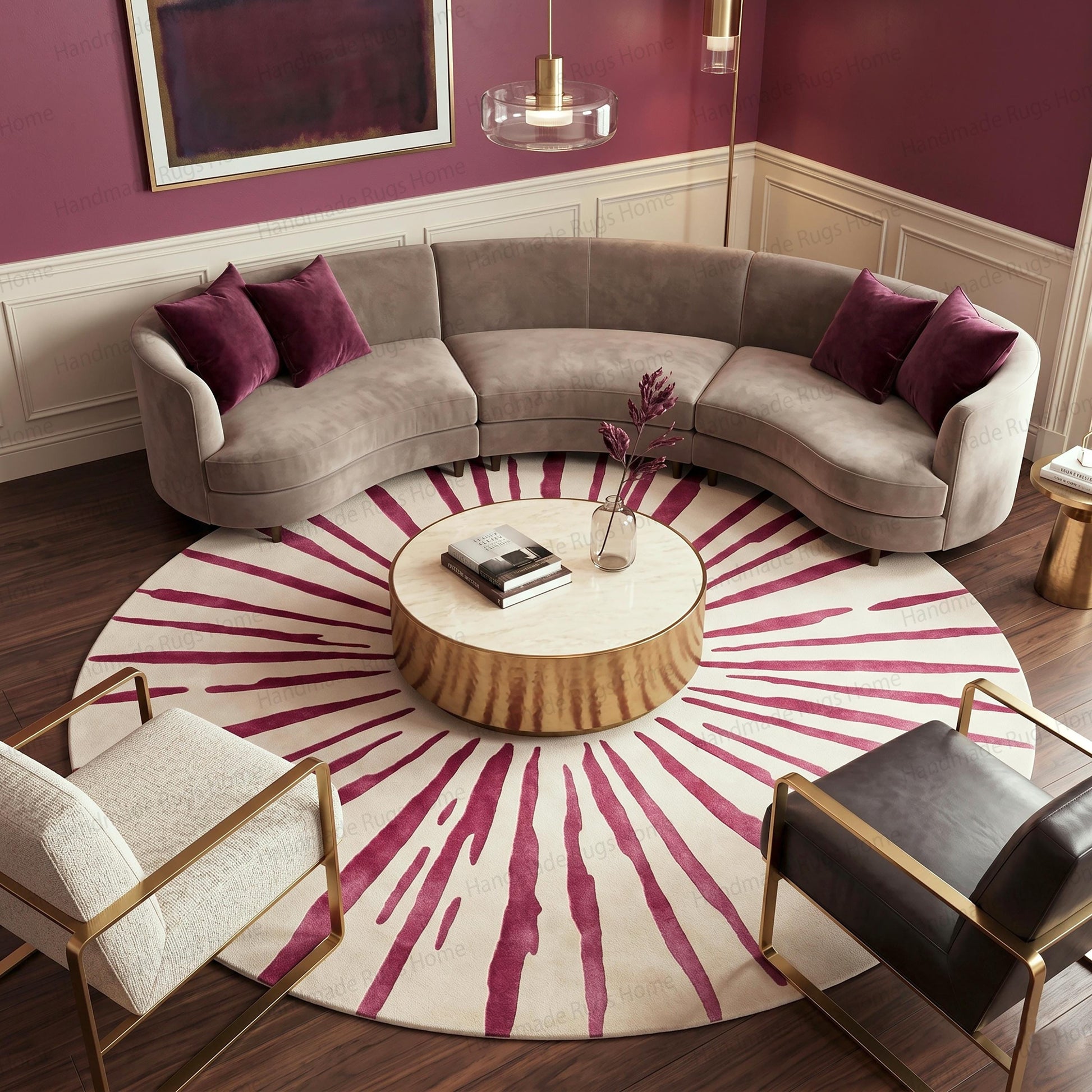 Luxury contemporary circular bedroom mat,

Artisan crafted thick pile wool floor covering,

Mid century inspired burst pattern home decor,

Deep red violet abstract painted stroke motif