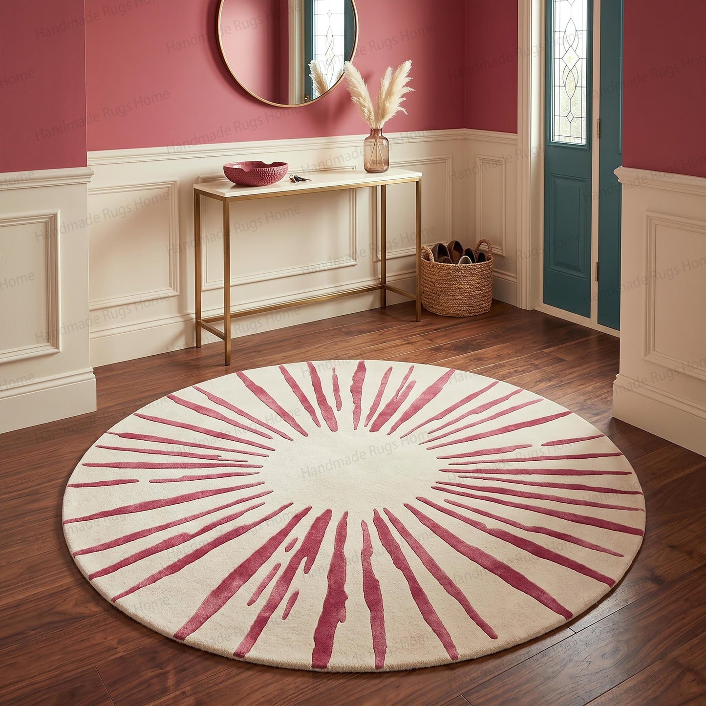 Hand-Tufted Wool Area Rug: Crimson Sunburst Round Carpet
