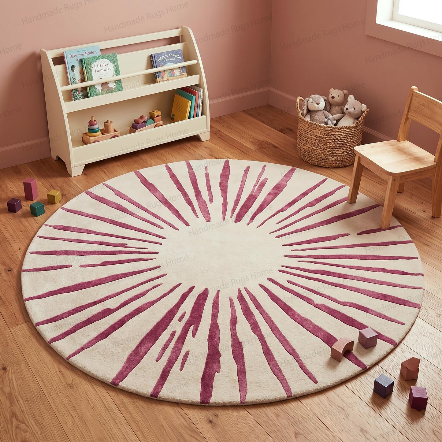 Hand-Tufted Wool Area Rug: Crimson Sunburst Round Carpet