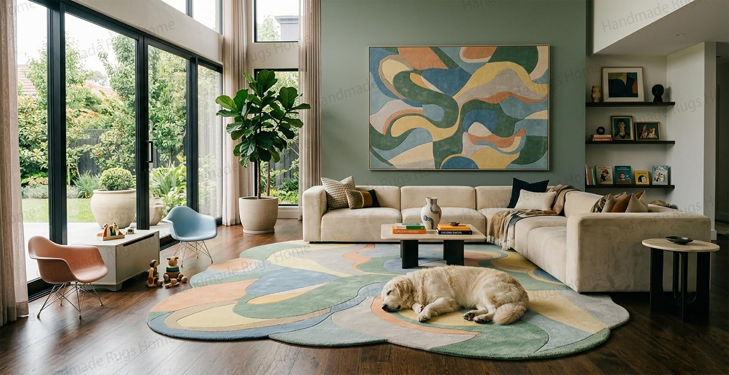 Bespoke kid friendly thick pile area rug with curvy artistic patterns,

Luxurious plush flooring accessory displaying ochre mustard and cream swirls,

High end handwoven geometric bedroom carpet against dark wood floors,

Unique trendy eclectic decor piece blending soft earth tones perfectly