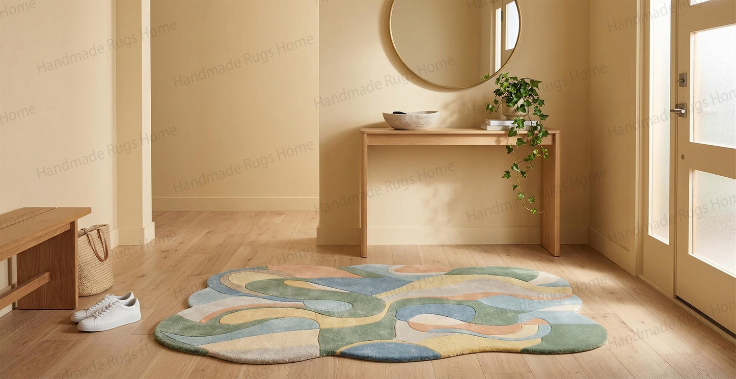 Abstract wavy floor covering featuring sage green dusty blue and peach hues

Premium quality irregular shaped nursery mat with soothing muted palette

Custom designed wavy edge living space centerpiece matching wall canvas

Beautiful tufted wool furnishing adding warmth to open concept house

Soft pastel color blocking on an exclusive handmade asymmetrical carpet