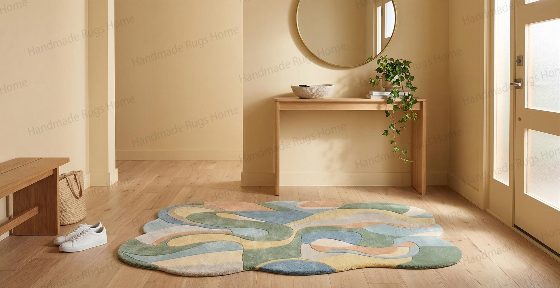 Abstract wavy floor covering featuring sage green dusty blue and peach hues

Premium quality irregular shaped nursery mat with soothing muted palette

Custom designed wavy edge living space centerpiece matching wall canvas

Beautiful tufted wool furnishing adding warmth to open concept house

Soft pastel color blocking on an exclusive handmade asymmetrical carpet