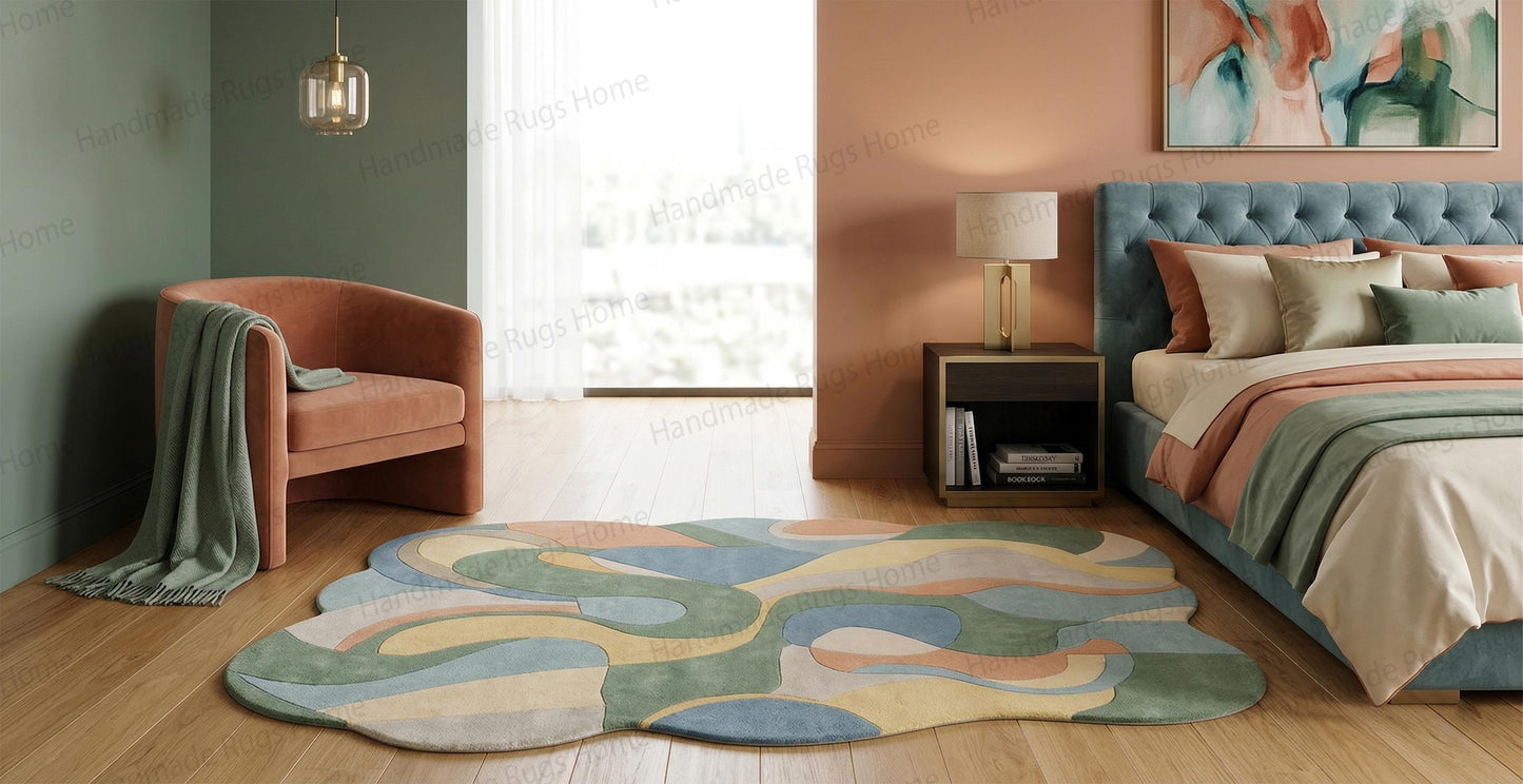 Golden retriever sleeping peacefully on a custom asymmetrical contemporary carpet