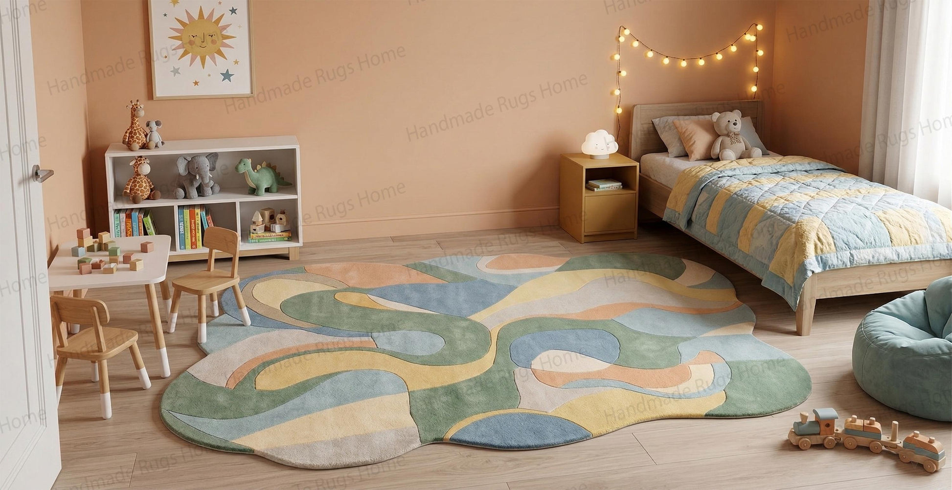 Golden retriever sleeping peacefully on a custom asymmetrical contemporary carpet