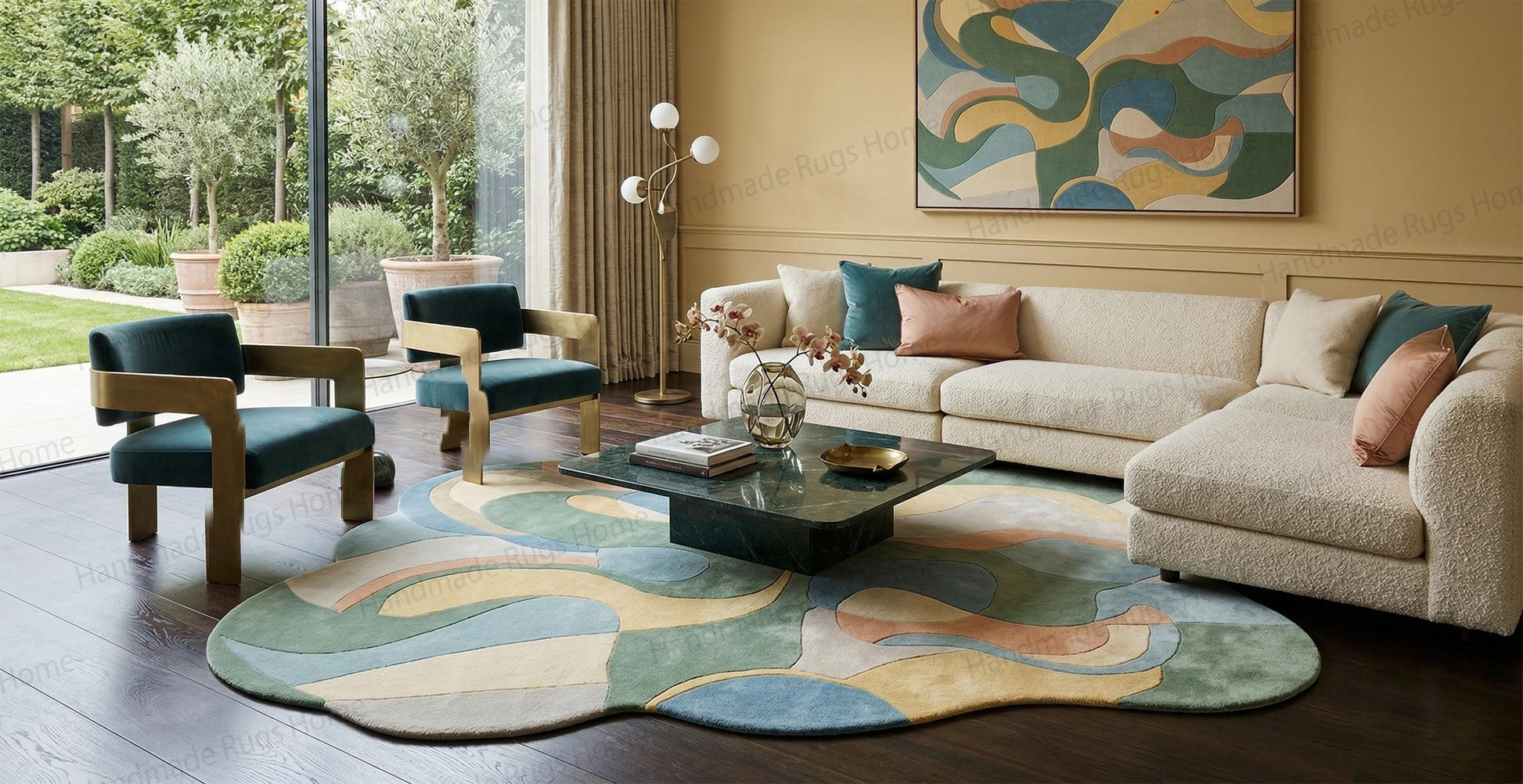 Organic silhouette decorative mat placed under minimalist beige sofa setup,

Mid century home interior showcasing colorful fluid design statement textile