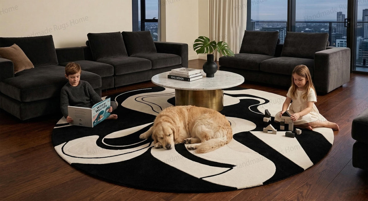 Round black and white abstract swirl wool rug in a modern living room setting

Hand-tufted monochrome circular carpet featuring a dynamic wavy pattern

Young kids playing peacefully on a plush geometric area floor covering

Golden Retriever dog sleeping on a luxury modern round home textile