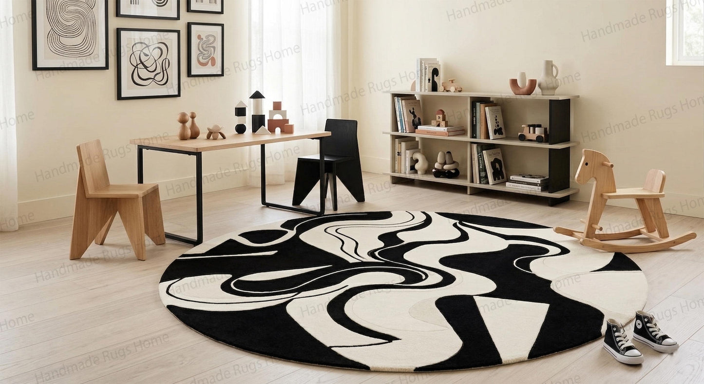 Hand-Tufted Wool Rug: Kinetic Wave Circular Art, Monochromatic Design