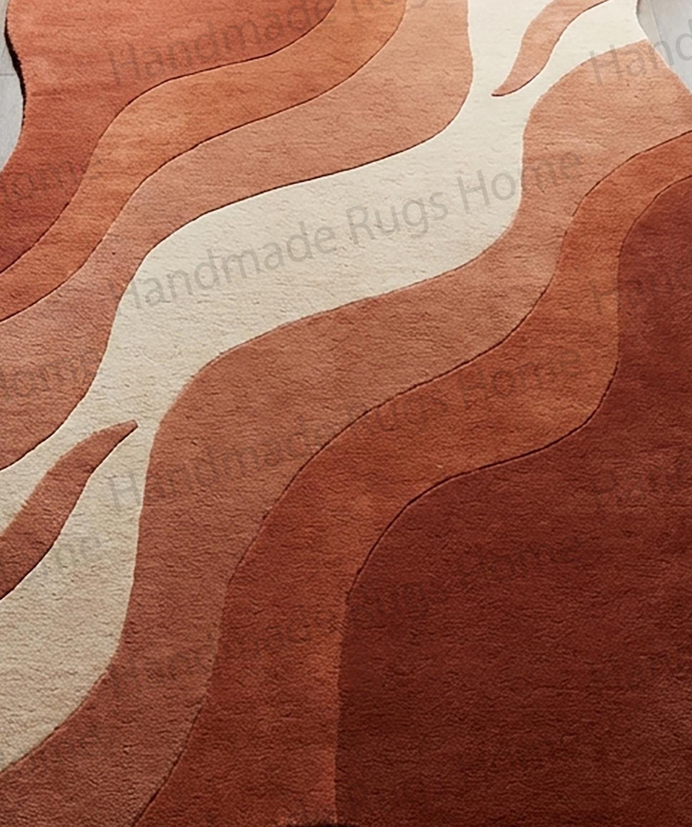 Hand-Tufted Wool Wavy Rug, Abstract Terracotta Mid Century Modern Carpet