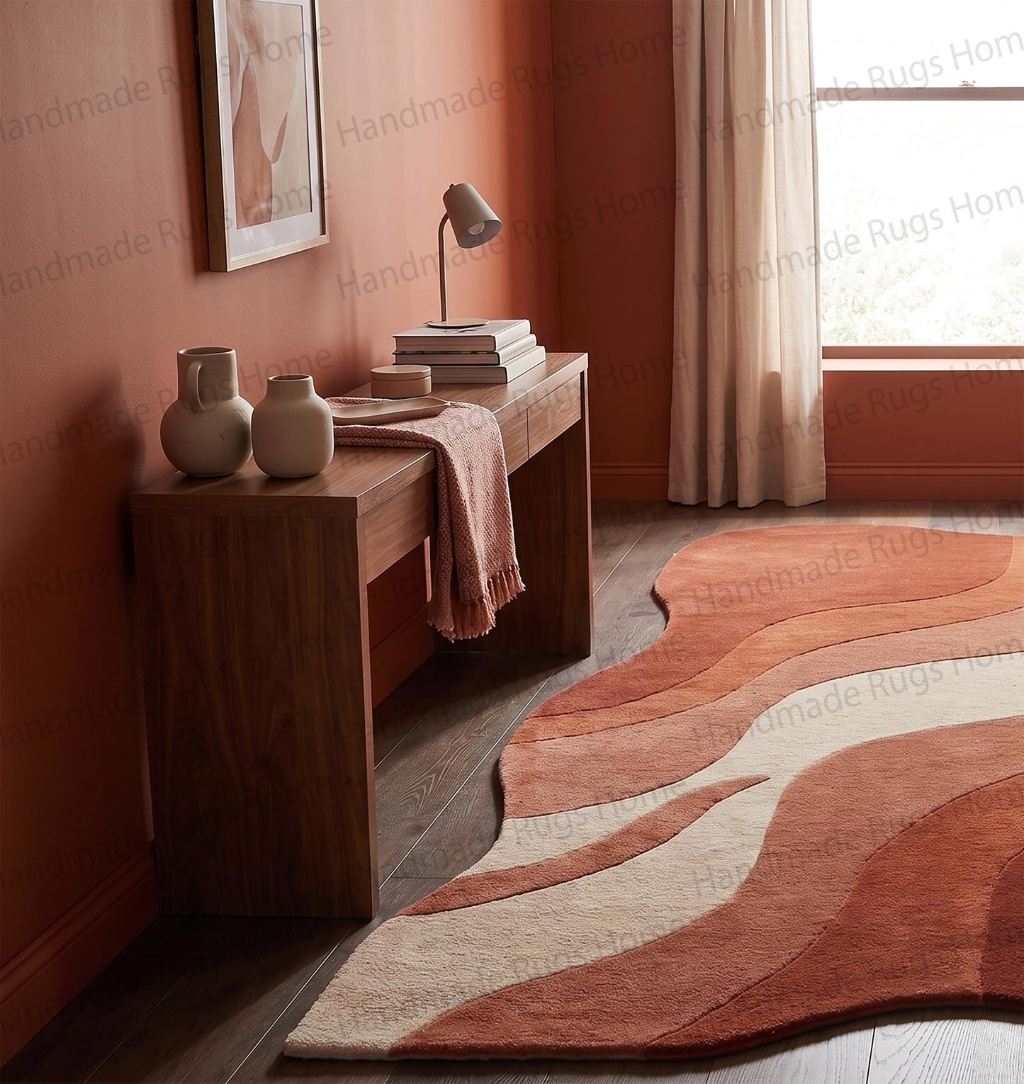Hand-Tufted Wool Wavy Rug, Abstract Terracotta Mid Century Modern Carpet