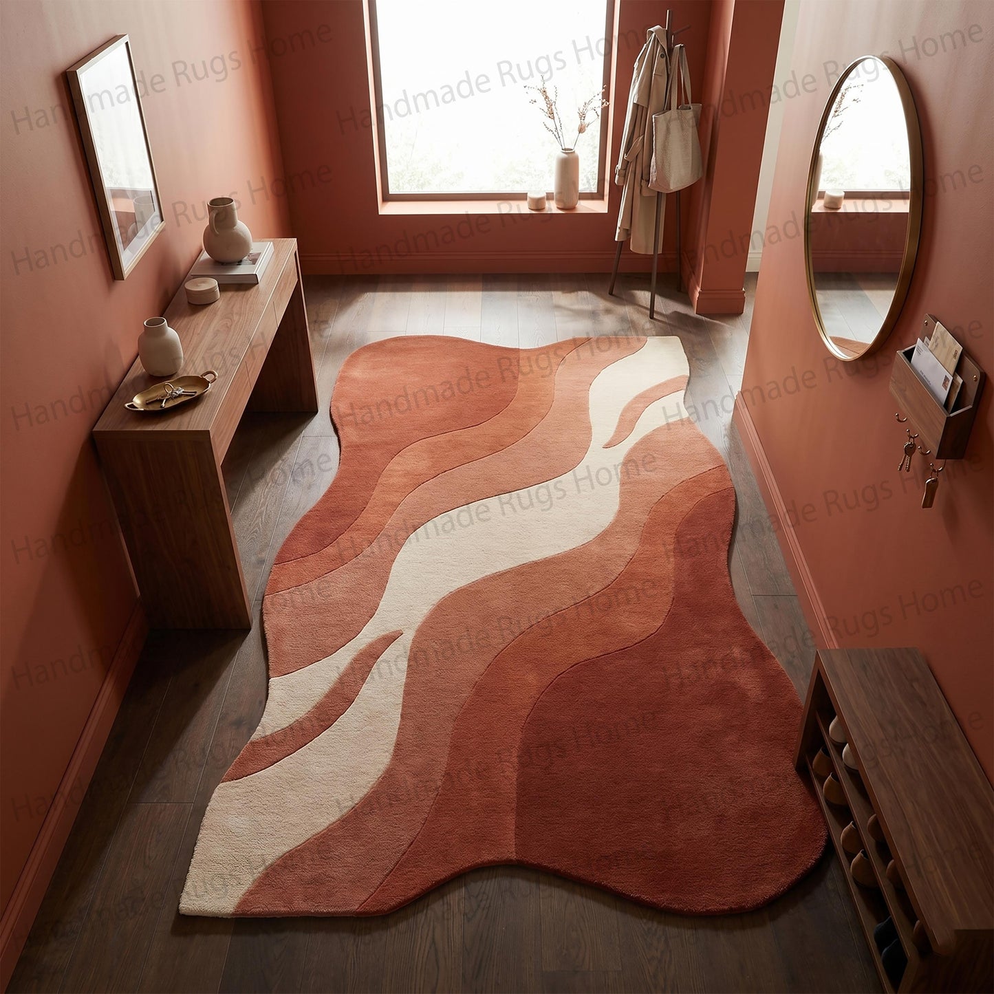 Hand-Tufted Wool Wavy Rug, Abstract Terracotta Mid Century Modern Carpet