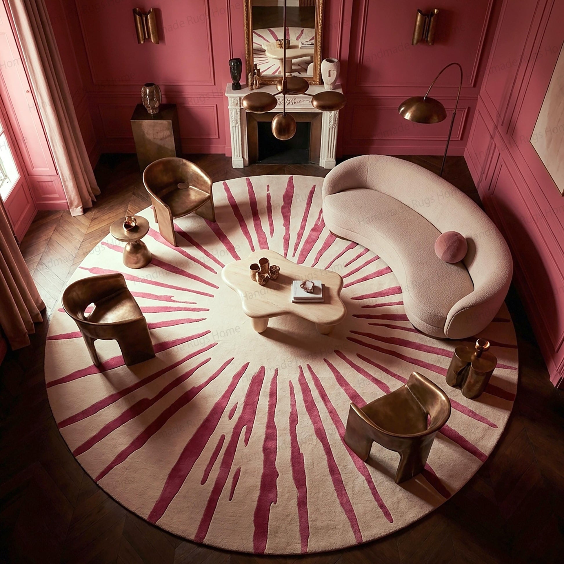 Premium handmade tufted entryway carpet,

Statement piece flooring in cream and dark pink,

Funky aesthetic dorm room rug accessory,

Elegant living room focal point textile,

Textured yarn surface showing radial design