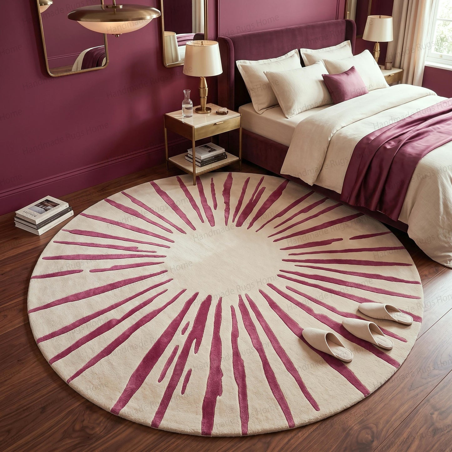 Hand-Tufted Wool Area Rug: Crimson Sunburst Round Carpet