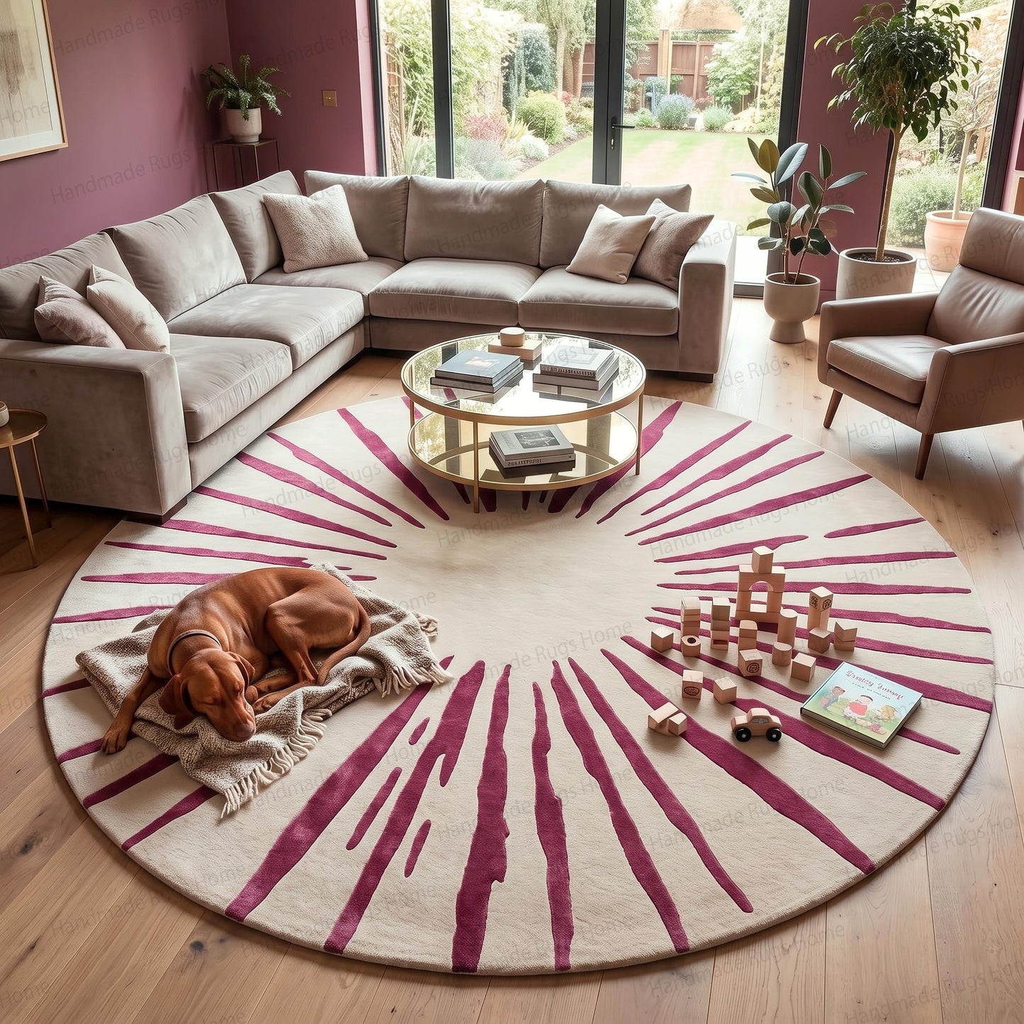 Circular hand tufted wool rug with magenta sunburst design,

Overhead view of ivory and berry pink round carpet,

Modern abstract starburst area rug on wooden floor,

Bright fuchsia radiating lines on off white background