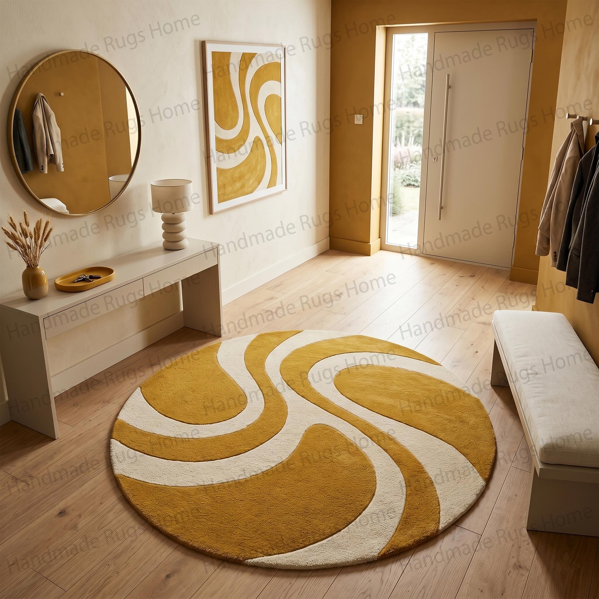 Bright playful aesthetic nursery floor decor with children reading

Premium handmade natural yarn circular tapestry layout

Contemporary fluid art inspired interior design centerpiece

Soft plush textural statement piece in warm golden tones

Eco-friendly sustainable artisan crafted home accessory

Custom size vibrant two-tone area rug for elegant entryway