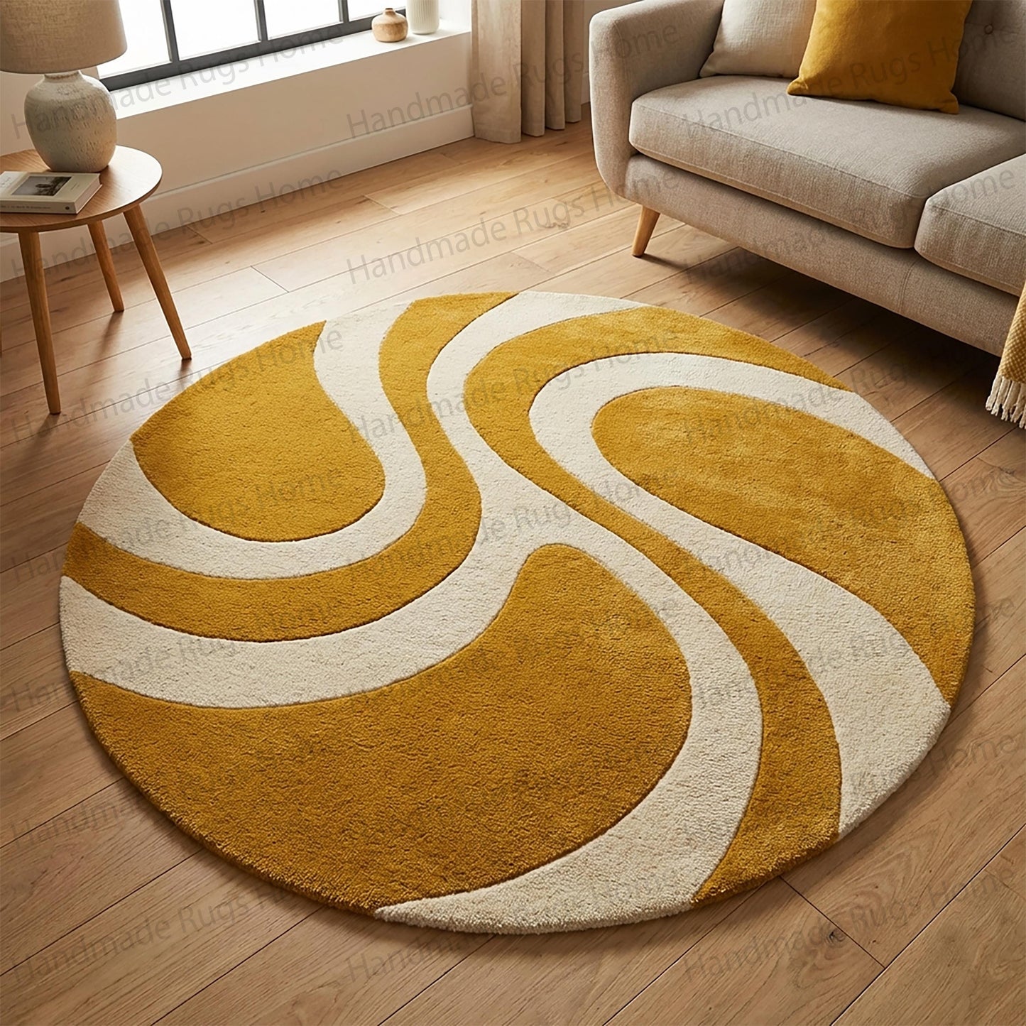 Lumina Waves Luxury Hand-Tufted Wool Round Rug | Mustard Ochre & Ivory Cream Abstract Swirl Centerpiece