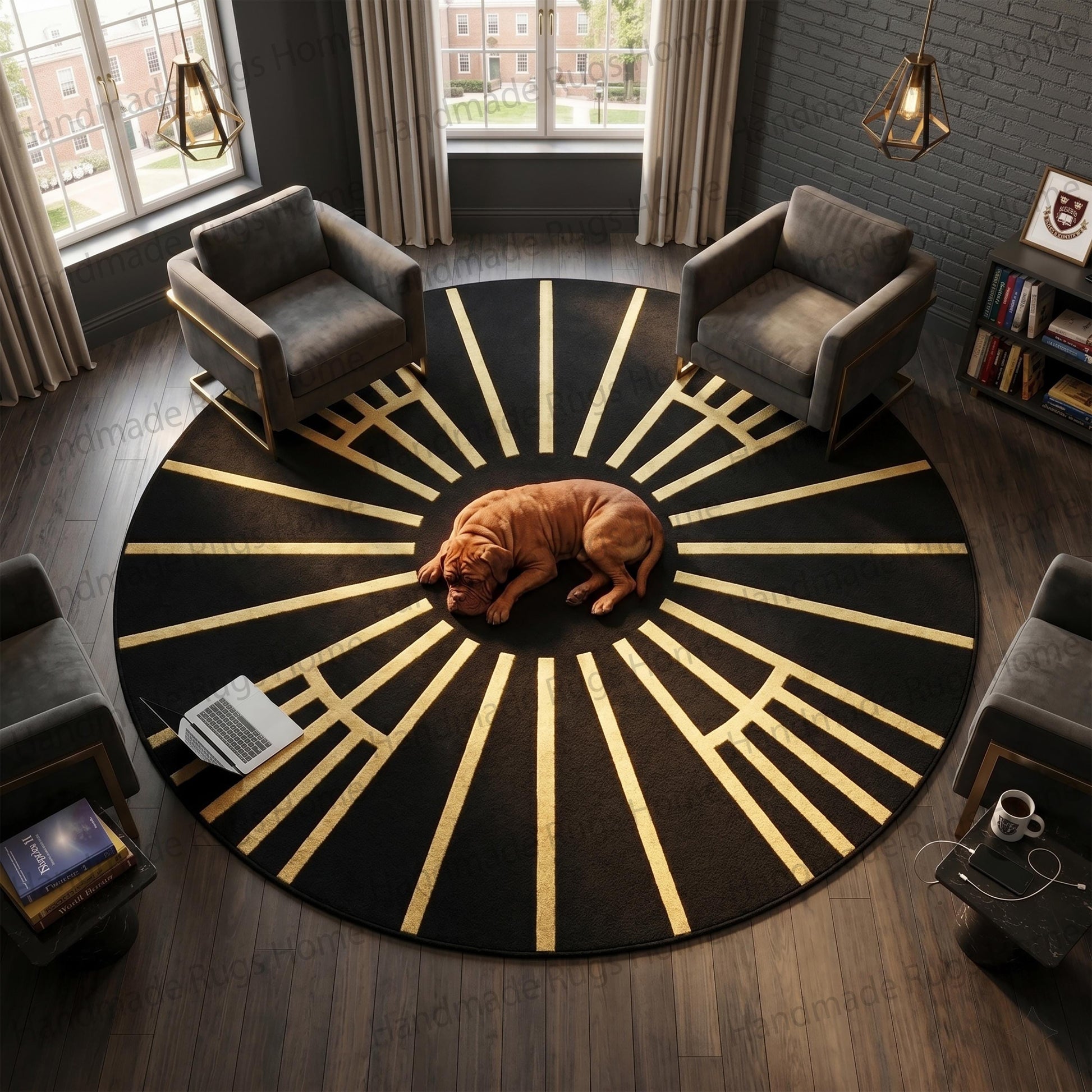 Elegant entryway round carpet featuring modern celestial starburst design,

Luxurious handcrafted dark room accent with striking golden rays,

Contemporary eclectic space decorated with rich velvet furnishings,

High quality thick pile custom tufted textile design masterpiece,

Regal aesthetic indoor decorative item resting on hardwood floors