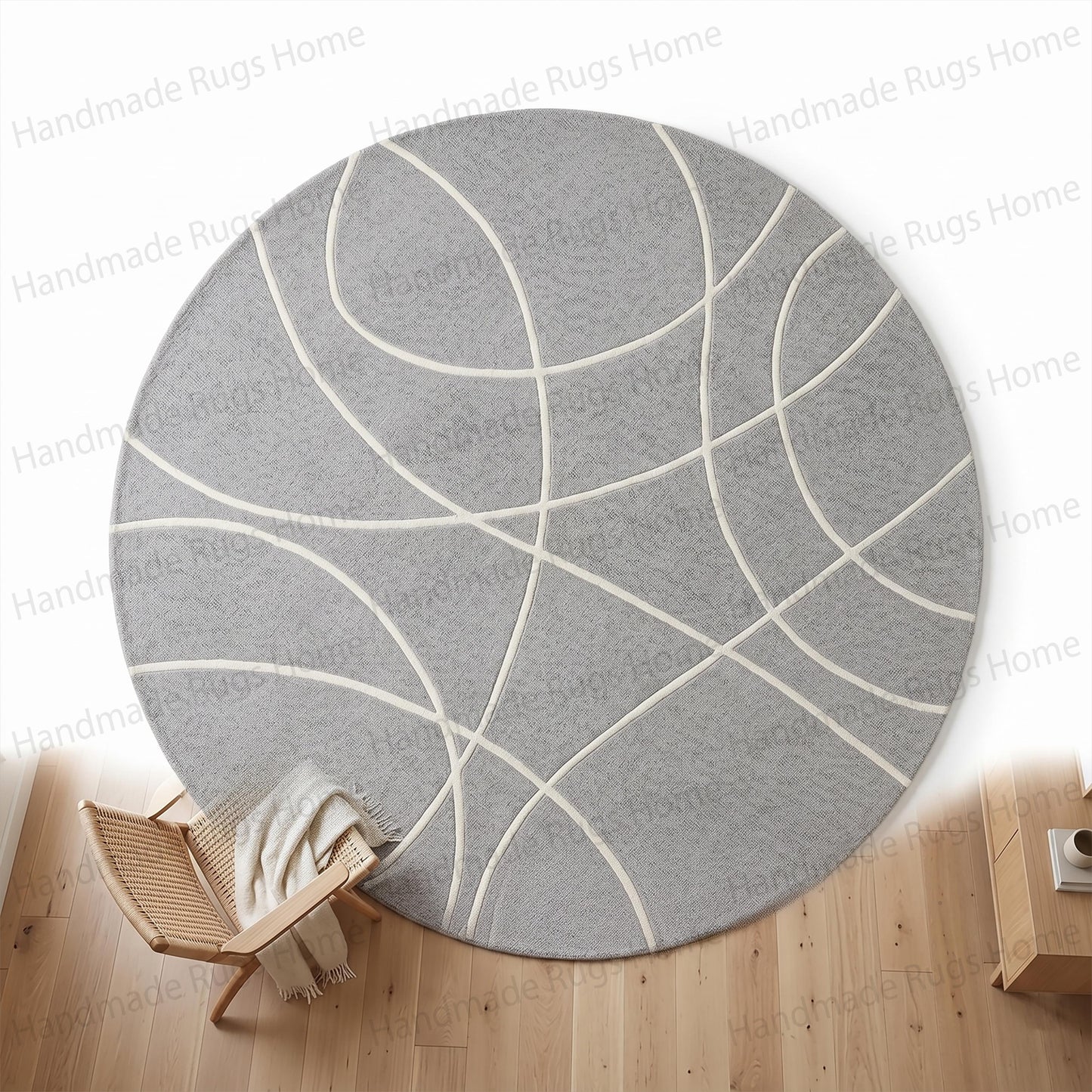 Trendy abstract area rug providing a focal point in a bright room,

Thick pile handcrafted carpet offering comfort and durability,

Neutral tone interior layout enhanced by a striking circular tapestry