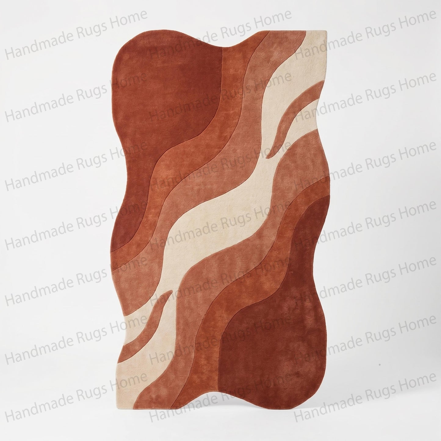 Hand-Tufted Wool Wavy Rug, Abstract Terracotta Mid Century Modern Carpet