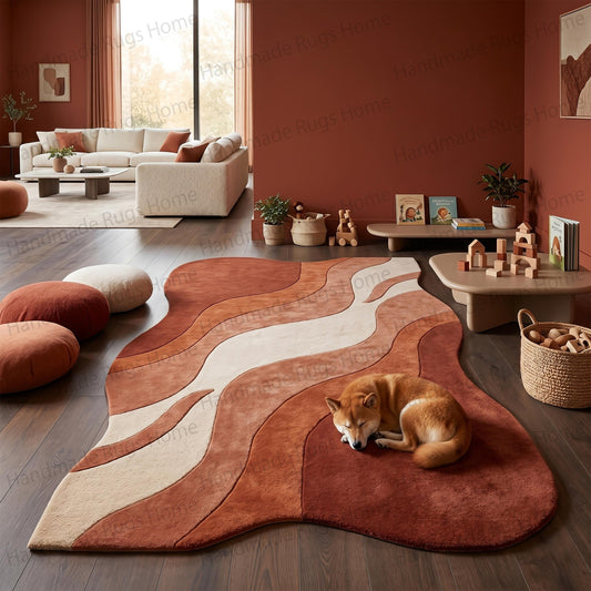 Hand-Tufted Wool Wavy Rug, Abstract Terracotta Mid Century Modern Carpet