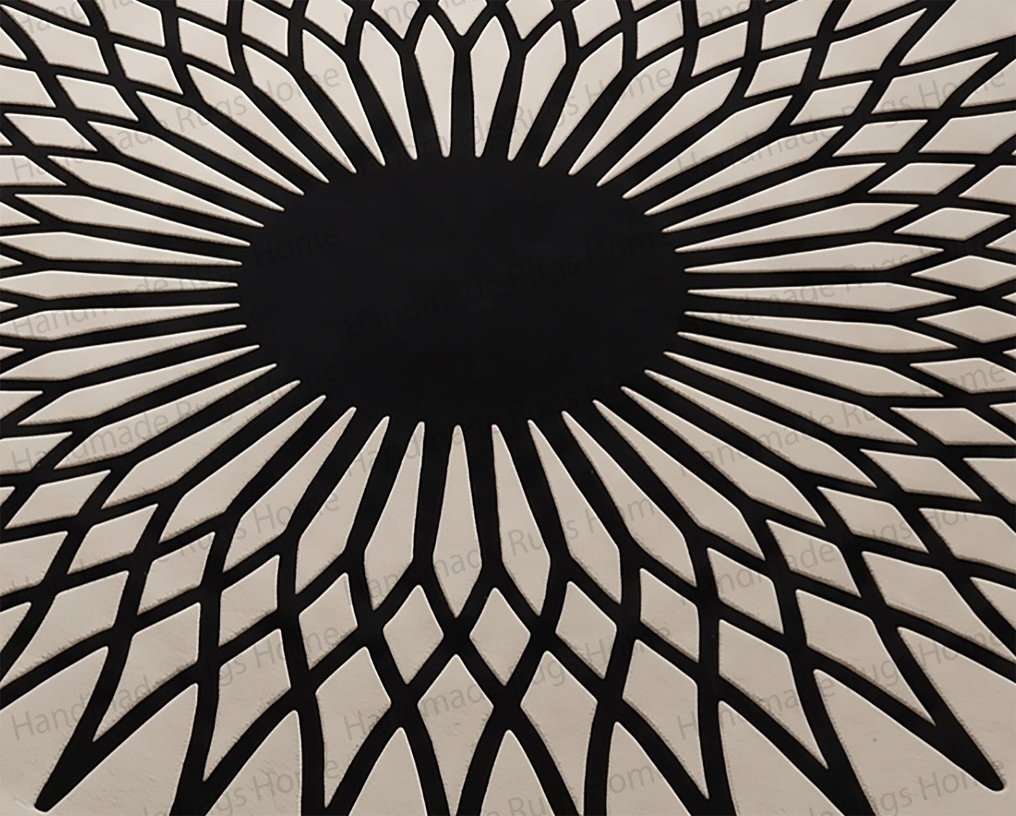 Eclipse inspired starburst interior design element.

Distinctive high-quality wool home accent featuring abstract rays.

Monochromatic hand-tufted circle rug for modern entryways.

Bold black floral-like geometric shapes on a light cream base.

Symmetrical radiating star design on a circular woven mat.
