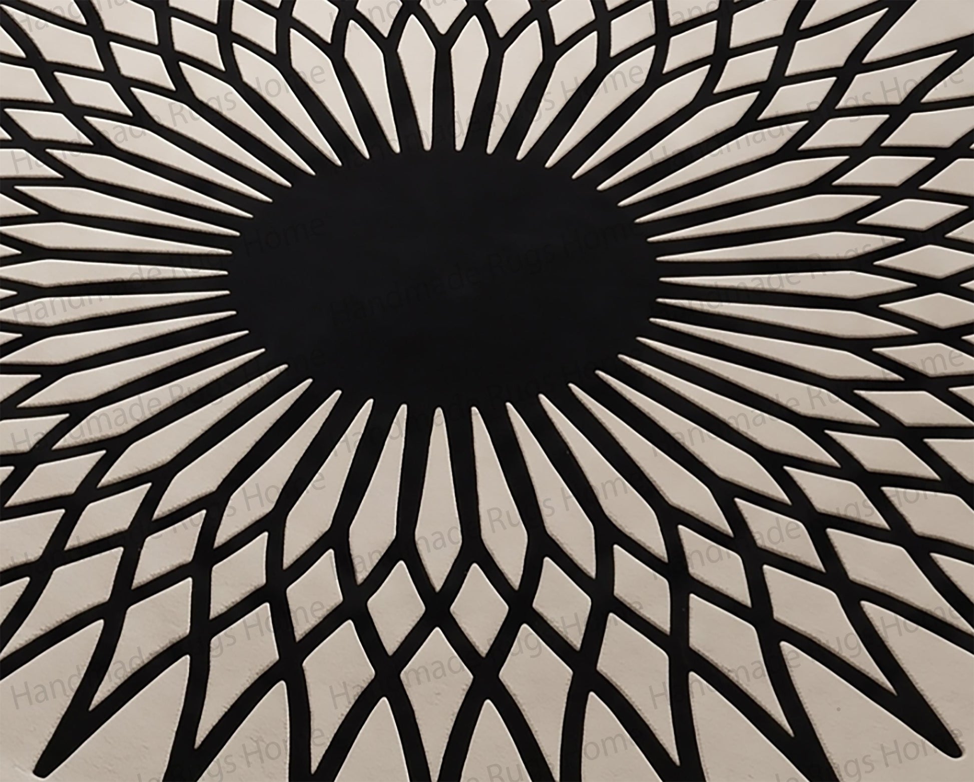 Eclipse inspired starburst interior design element.

Distinctive high-quality wool home accent featuring abstract rays.

Monochromatic hand-tufted circle rug for modern entryways.

Bold black floral-like geometric shapes on a light cream base.

Symmetrical radiating star design on a circular woven mat.