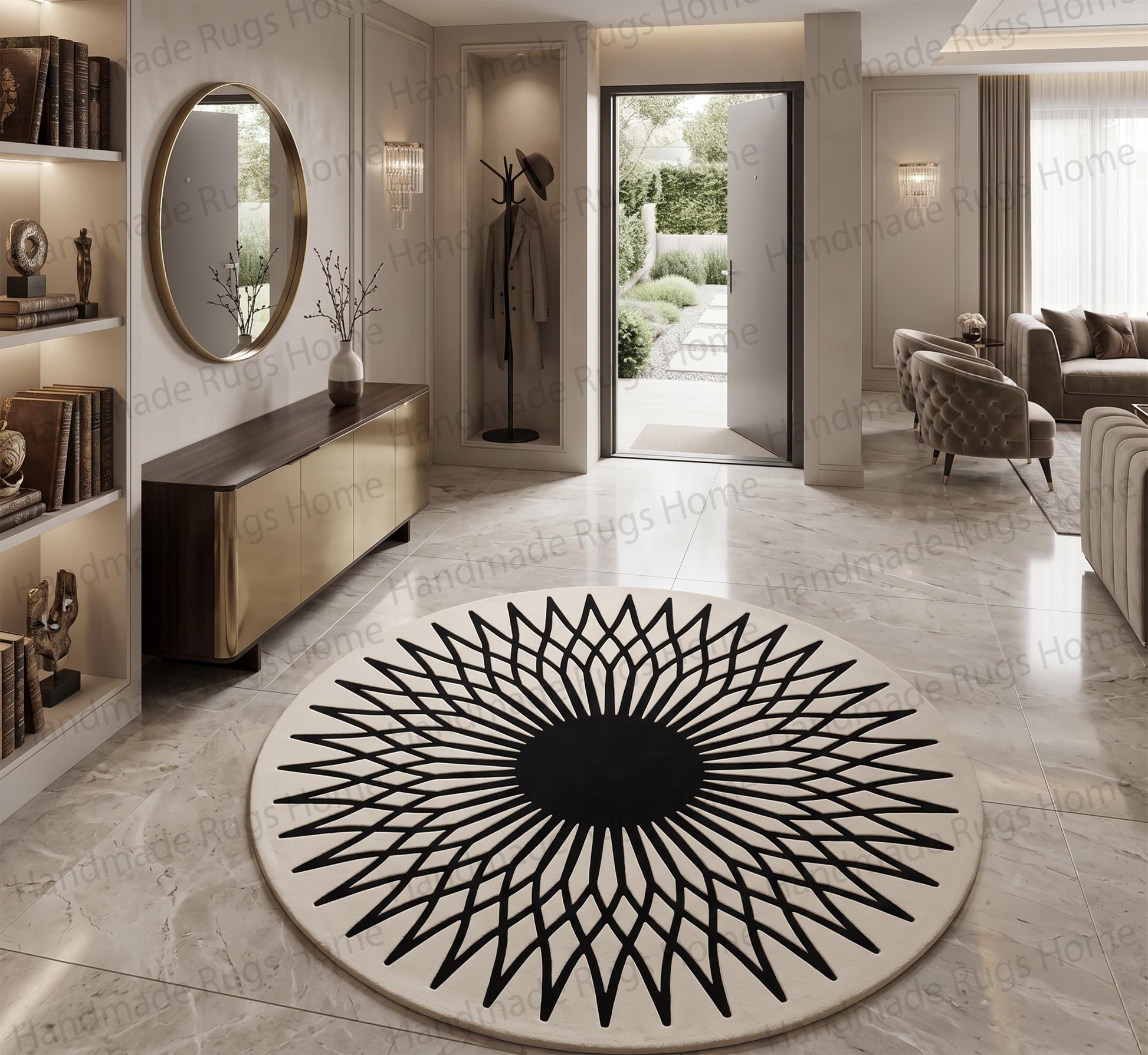 Solid dark center with expanding geometric lattice in off-white wool.

Premium tufted round floor textile displaying modern monochrome aesthetics.

Large circular statement piece showcasing dynamic spiderweb motif.

Ivory white and dark black geometric living room decor accessory.

Handwoven circular rug displaying sharp striking contemporary lines.