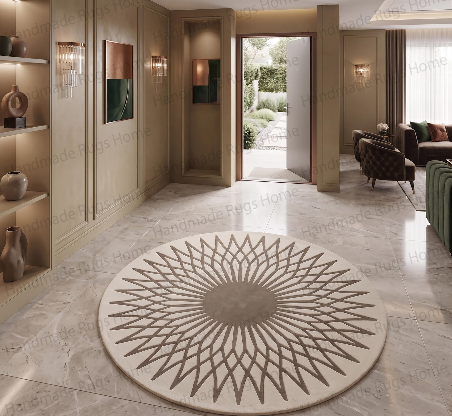 Thick pile tufted wool round carpet showing abstract sun rays.

Elegant black and white decorative mandala floor mat.

Room anchoring circular carpet highlighted by crisp geometric craftsmanship.

Contemporary ivory and black striking focal point rug.

Beautifully textured artisan floor art displaying intricate line geometry.