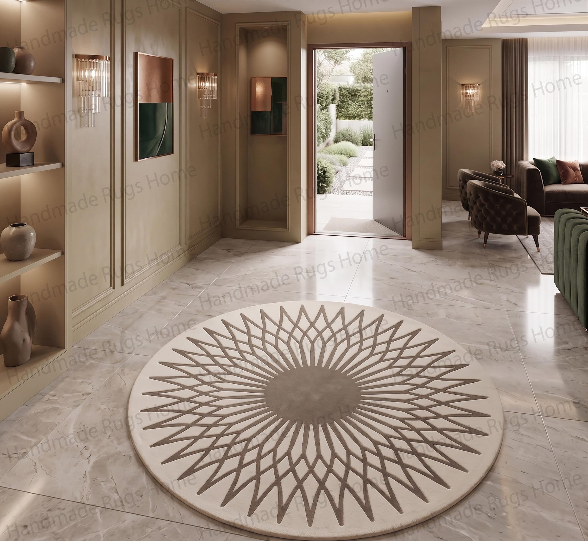 Thick pile tufted wool round carpet showing abstract sun rays.

Elegant black and white decorative mandala floor mat.

Room anchoring circular carpet highlighted by crisp geometric craftsmanship.

Contemporary ivory and black striking focal point rug.

Beautifully textured artisan floor art displaying intricate line geometry.