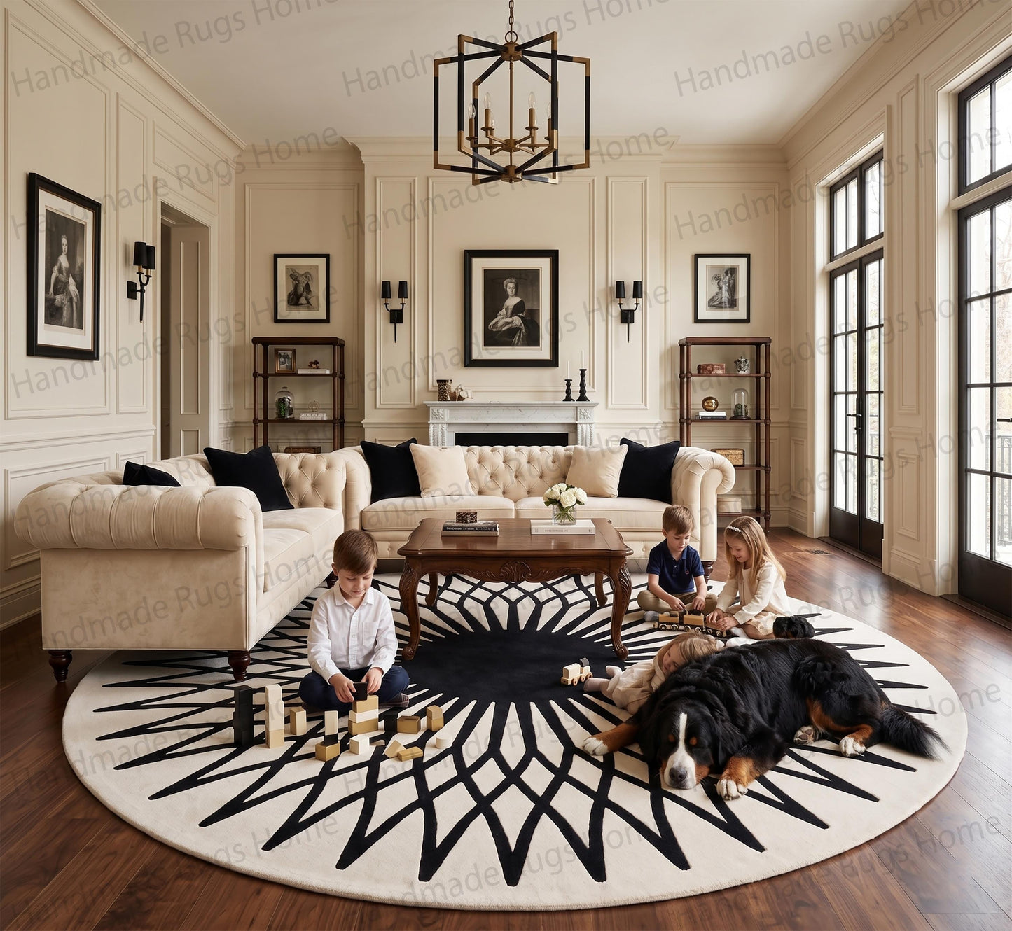 Round hand-tufted wool rug featuring a black and white sunburst pattern.

Overhead view of a circular geometric patterned area rug in ivory and midnight.

Contemporary black and cream mandala design floor covering.

Modern minimalist starburst circular carpet on a plain background.

Artisan crafted high-contrast radiating lines rug.
