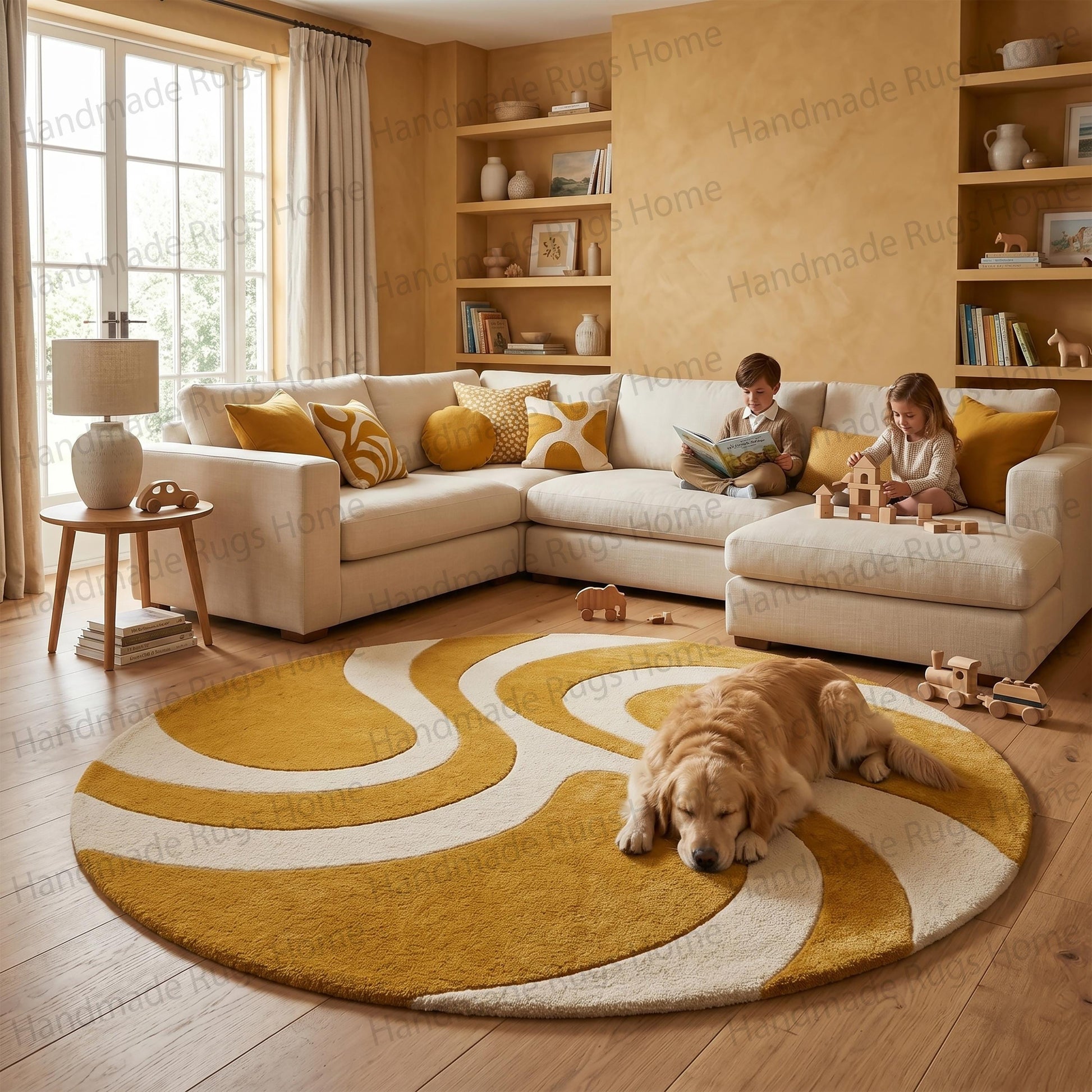 Large circular mustard and ivory hand-tufted wool rug in modern living room

Abstract wavy pattern yellow round carpet under cozy beige sofa

Mid-century modern retro swirl floor covering with sleeping golden retriever

Luxury thick pile tufted mat for family lounging space

Ochre and cream geometric curved line textile styling