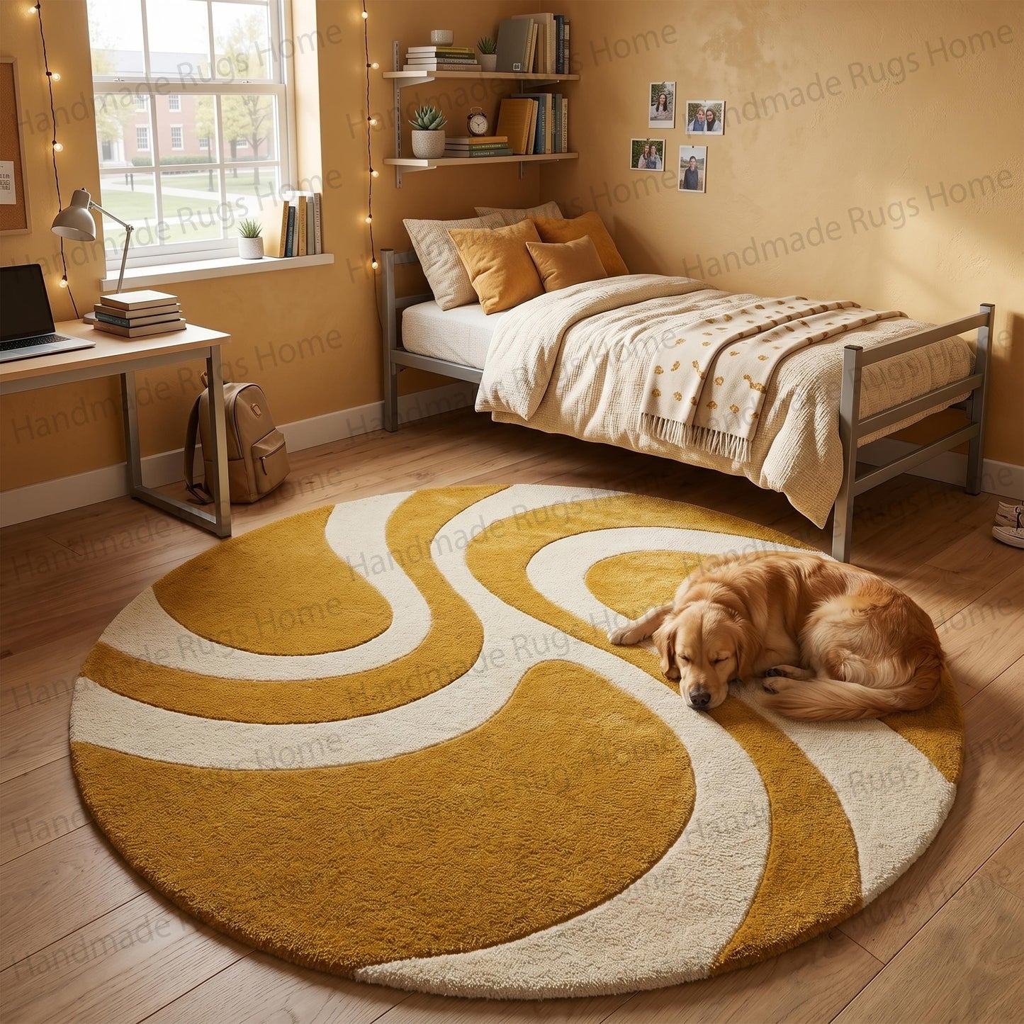 Boho chic warm colored indoor carpet placement

High quality dense thread product photography top view

Family friendly durable room anchor staging

Modern minimalist mustard accent floor dressing

Organic shape inspired 70s retro home staging
