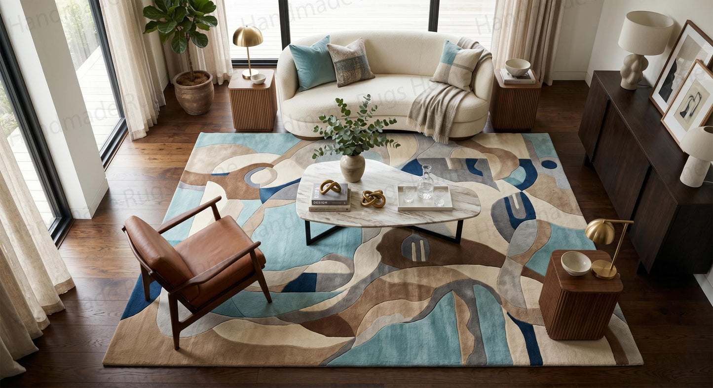 Geometric interlocking ring motif wool tapestry.

Asymmetrical pattern handwoven style carpet.

Retro-inspired mid-century revival home furnishing.

Elegant dining room under-table rug featuring bold graphic lines.

Soft textured comfortable underfoot abstract woven masterpiece.
