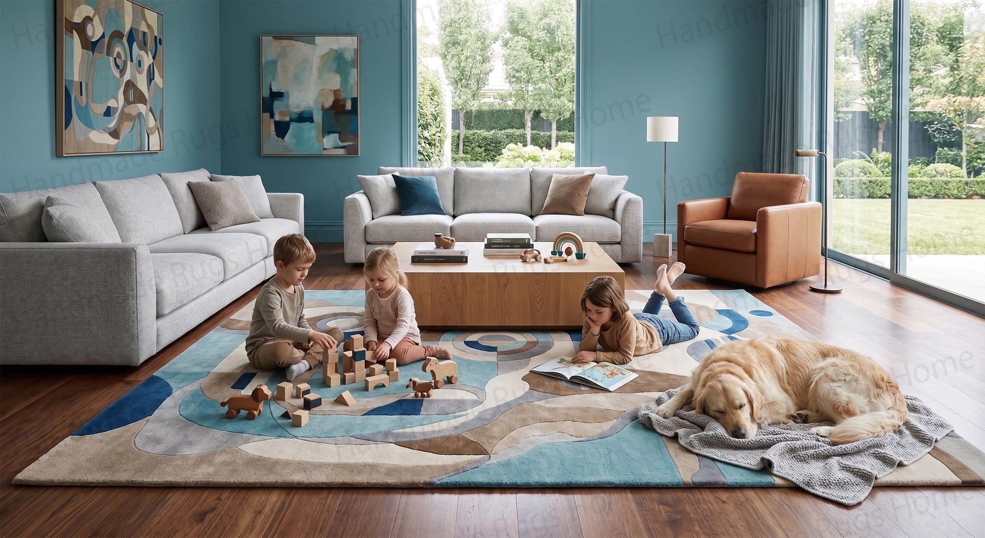 Hand-tufted wool rug featuring abstract geometric patterns in blue and brown.

Modern area carpet with organic shapes, circles, and sweeping curves.

Mid-century style living room floor covering displaying navy, beige, and taupe colors.

Plush artisan-crafted textile showing interlocking cubist designs.

Abstract harmony ocean and earth tones contemporary mat.