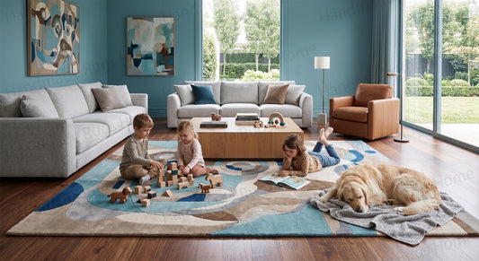 Hand-tufted wool rug featuring abstract geometric patterns in blue and brown.

Modern area carpet with organic shapes, circles, and sweeping curves.

Mid-century style living room floor covering displaying navy, beige, and taupe colors.

Plush artisan-crafted textile showing interlocking cubist designs.

Abstract harmony ocean and earth tones contemporary mat.