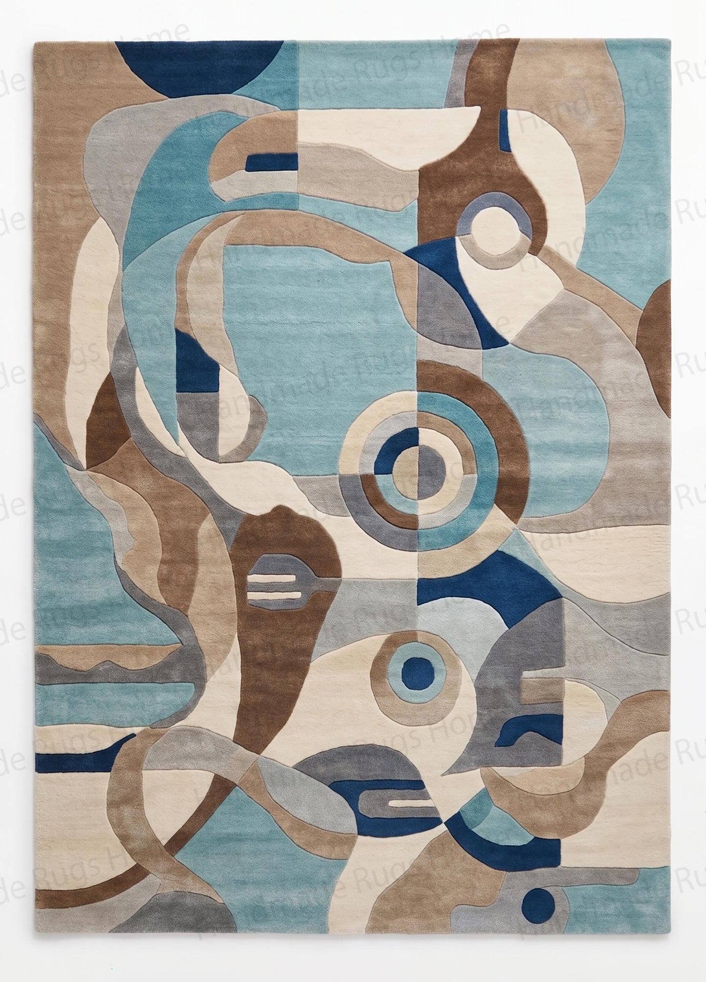 Neutral and cool-toned transitional space interior accessory.

Contemporary aesthetic asymmetrical floor decoration.

Luxury bespoke style tufted wool area rug.

Artistic blue, brown, grey, and beige canvas for interior floors.

Trendy geometric shapes layout high-traffic area rug.