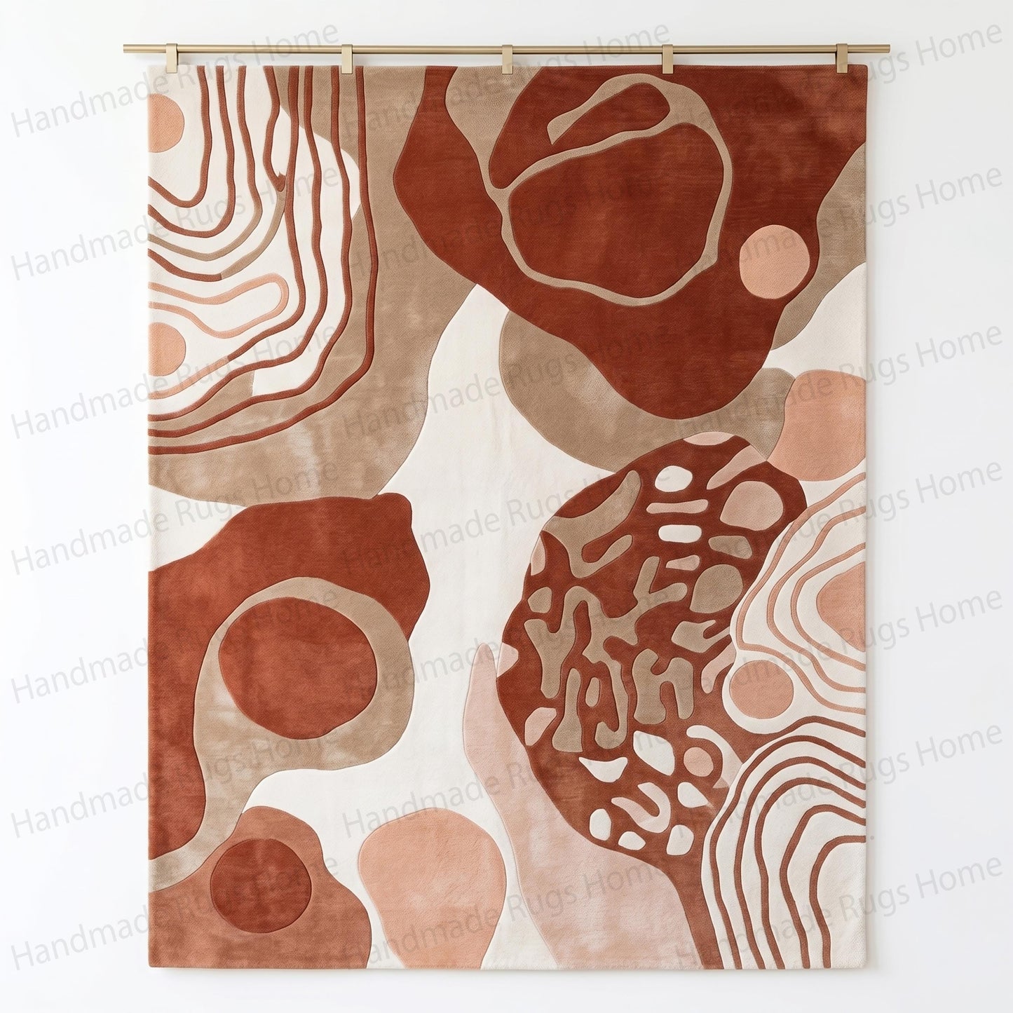 Detail of 3D carved topography lines on a premium wool rug.

Warm neutral geometric statement rug suspended from a brass rod.

Contemporary home styling element featuring irregular organic forms.

Cozy ivory and taupe patterned rug for modern lounge spaces.

Luxurious thick pile carpet blending southwestern and boho styles.