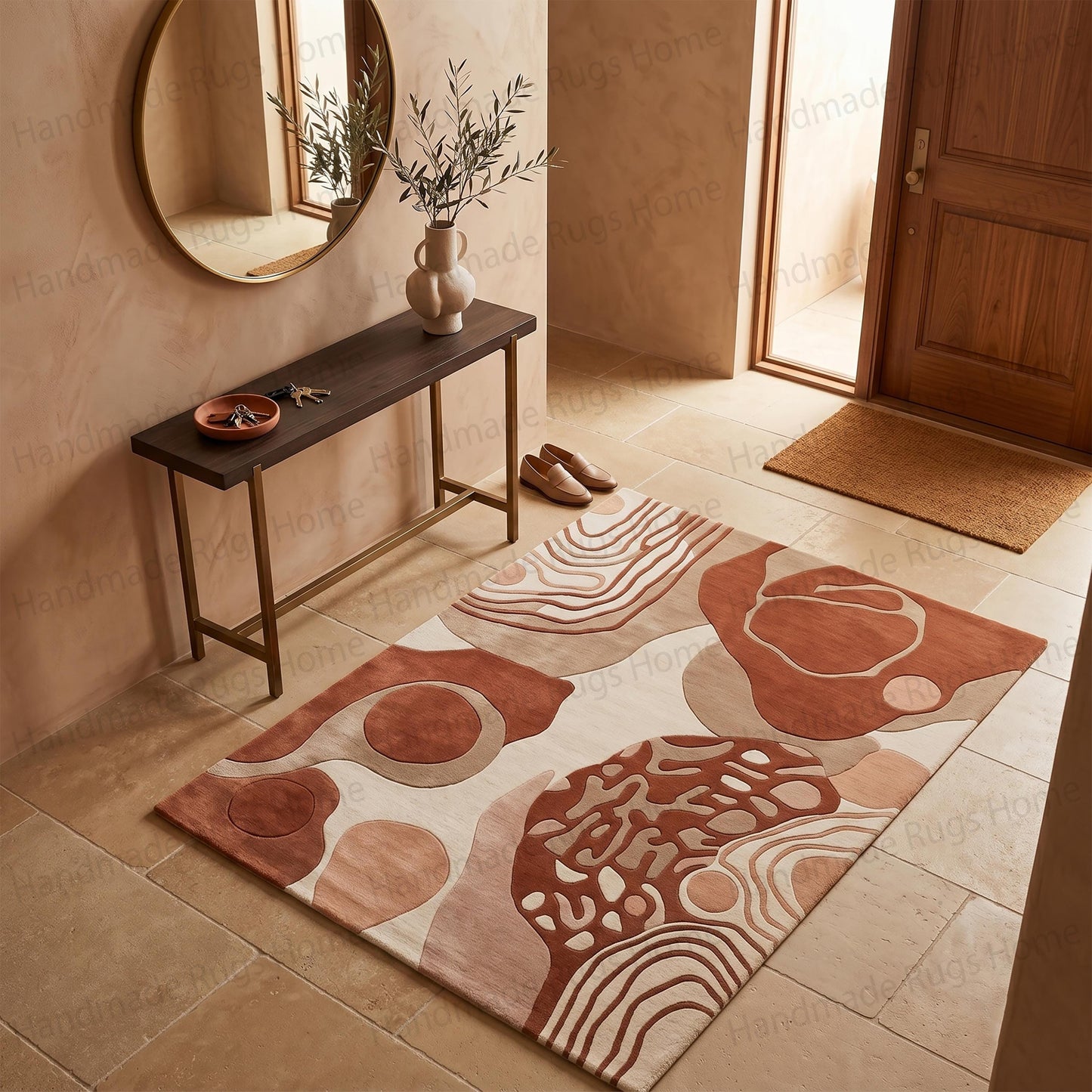 Abstract landscape inspired interior design textile.

Heavyweight tufted wool carpet with abstract animal print aesthetics.

Warm color palette decorative rug isolated against a bright background.

Contemporary fluid art rug ideal for grounding heavy furniture.

High-quality woolen floor decor showcasing artisanal carving techniques.