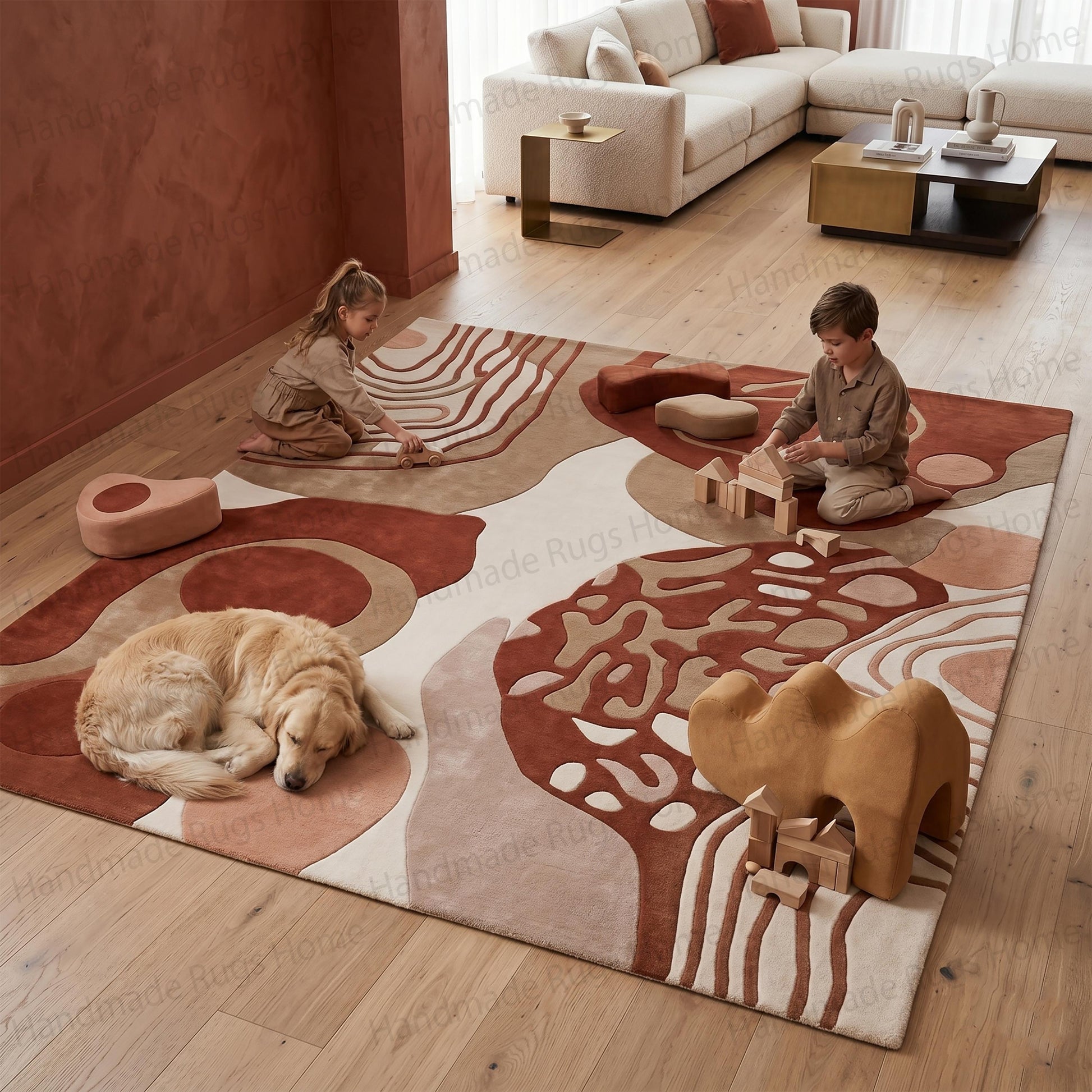 Abstract terracotta hand-tufted wool rug hanging on a white wall.

Modern organic shape carpet featuring rust and cream tones.

Topographical design floor covering with carved high-low pile.

Mid-century modern style living room mat in earthy warm colors.

Sculpted plush rug showing wavy lines and pebble motifs.