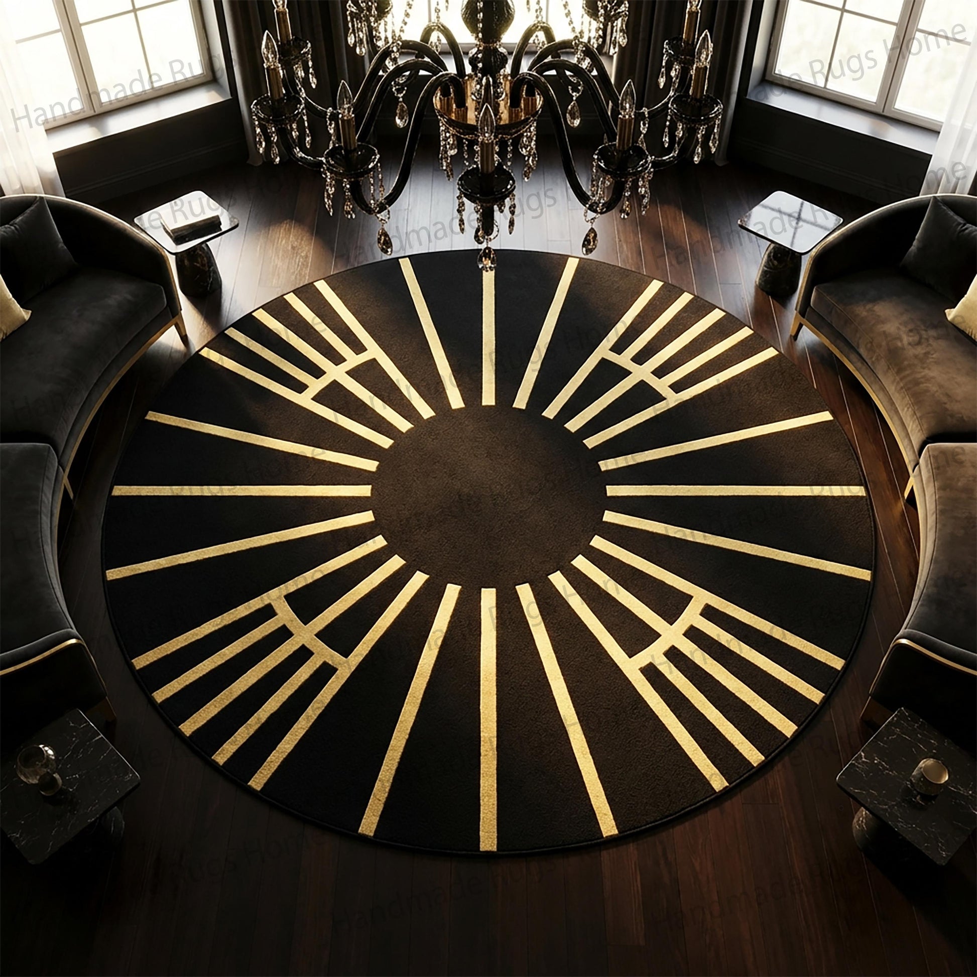 Sophisticated majestic interior styling featuring bold contrasting colors,

Premium authentic artisan crafted circular rug under crystal chandelier,

Exclusive designer home furnishing adding warmth and opulence,

Vintage modern fusion floor tapestry highlighting intricate shapes,

Bespoke opulent living area staging with large dog sleeping nearby