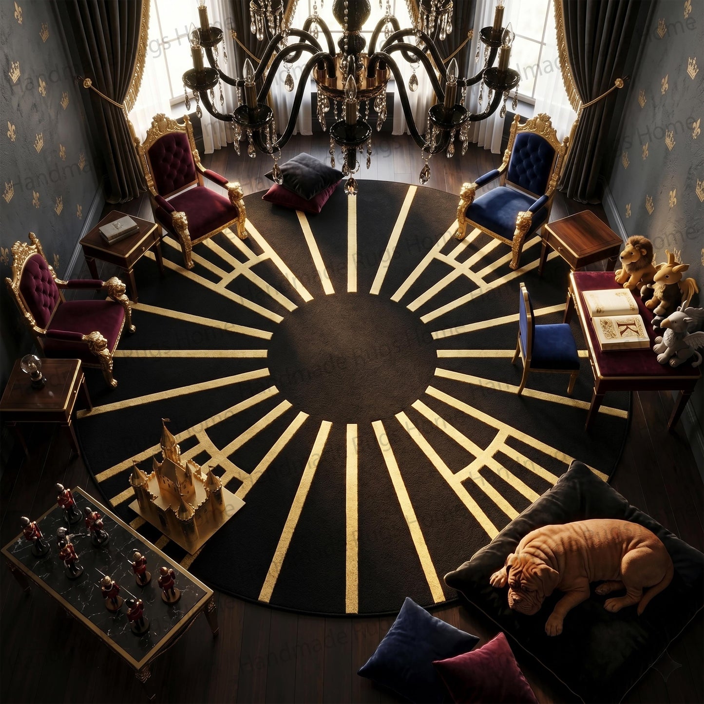 Round black and radiant gold sunburst hand tufted wool rug,

Art deco inspired geometric floor covering with bold yellow lines,

Dark charcoal and metallic brass circular carpet for regal decor,

Plush premium woolen handmade statement piece top down view,

Maximalist kids playroom floor mat under miniature throne chairs