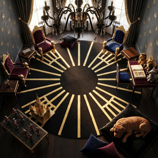 Round black and radiant gold sunburst hand tufted wool rug,

Art deco inspired geometric floor covering with bold yellow lines,

Dark charcoal and metallic brass circular carpet for regal decor,

Plush premium woolen handmade statement piece top down view,

Maximalist kids playroom floor mat under miniature throne chairs