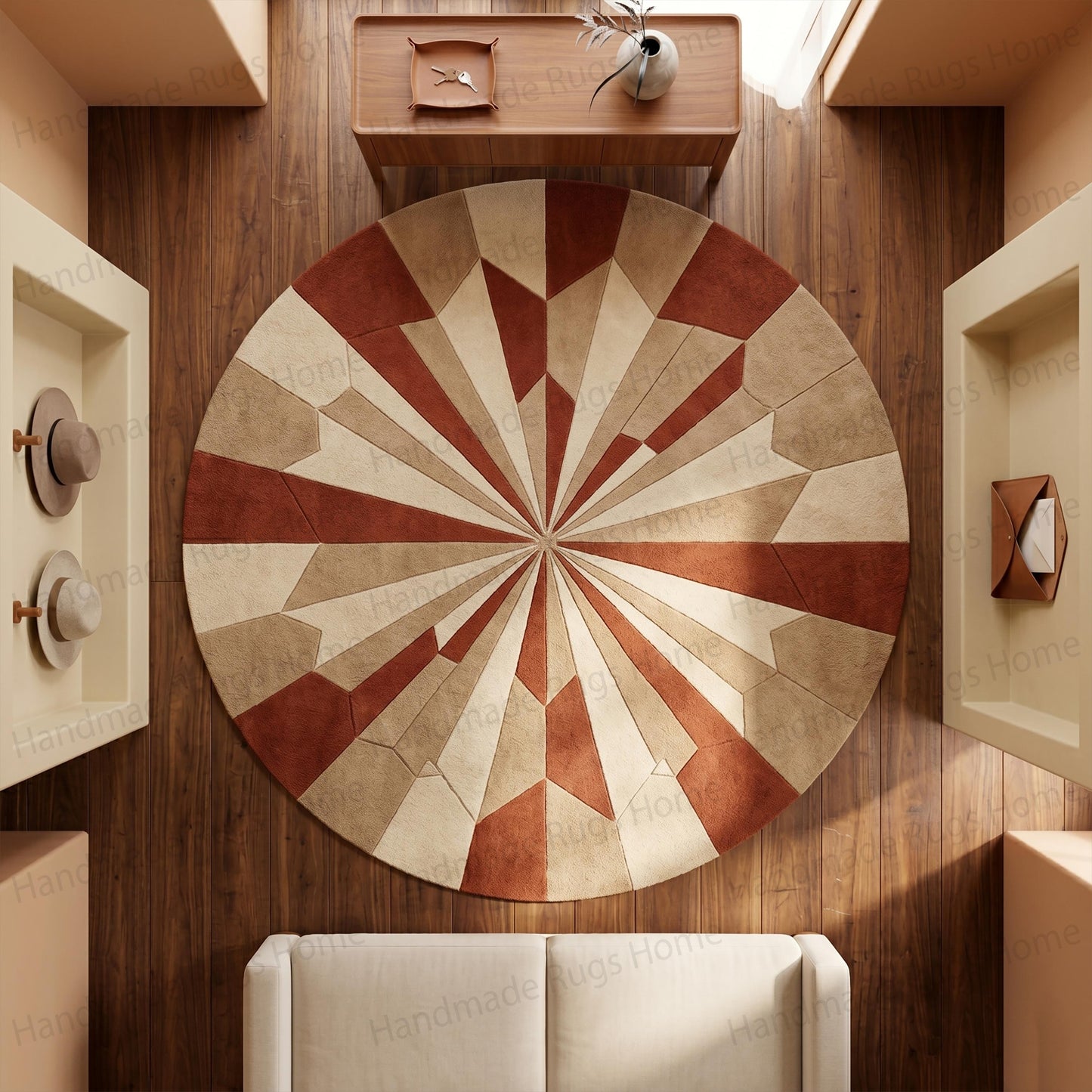 Hand Tufted Wool Sunburst Rug, Radiant Solstice Geometric Round Carpet