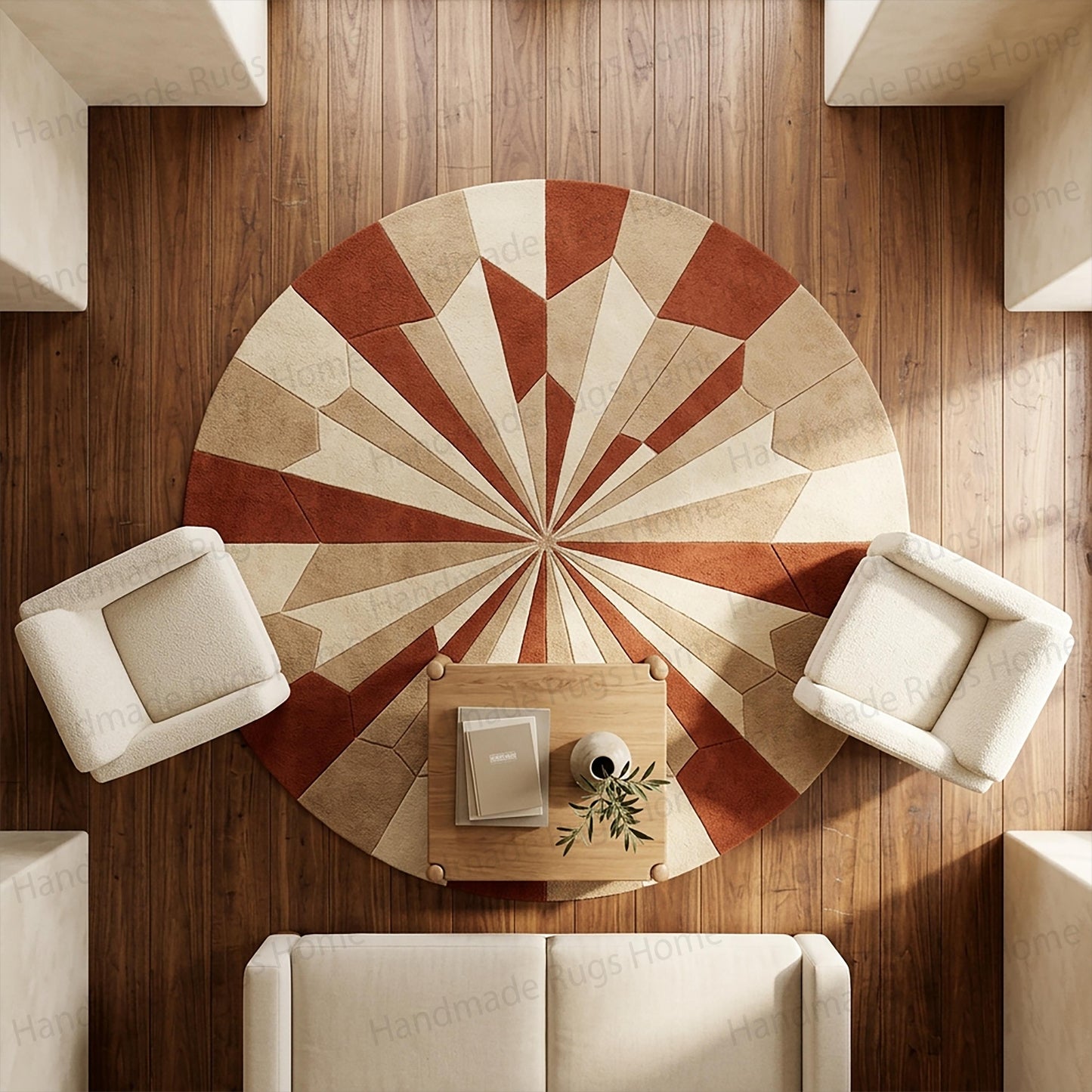 Hand Tufted Wool Sunburst Rug, Radiant Solstice Geometric Round Carpet