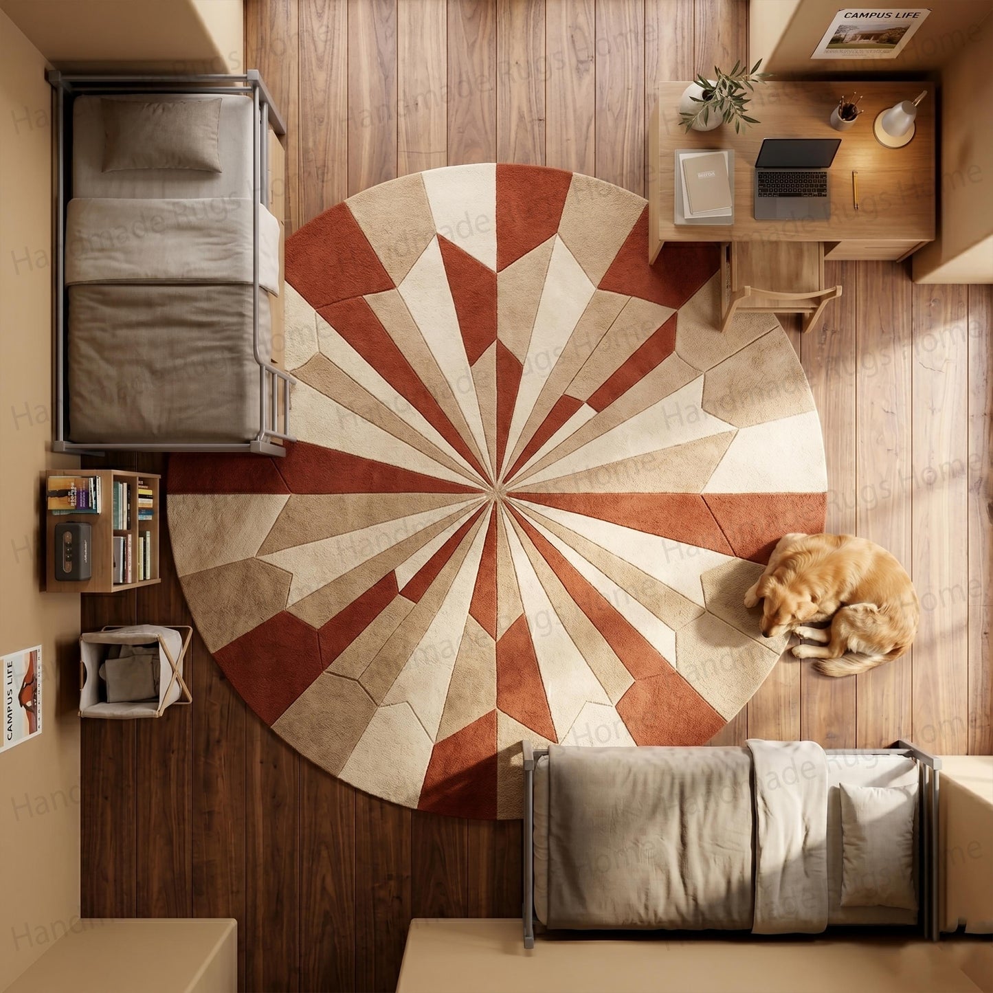 Hand Tufted Wool Sunburst Rug, Radiant Solstice Geometric Round Carpet
